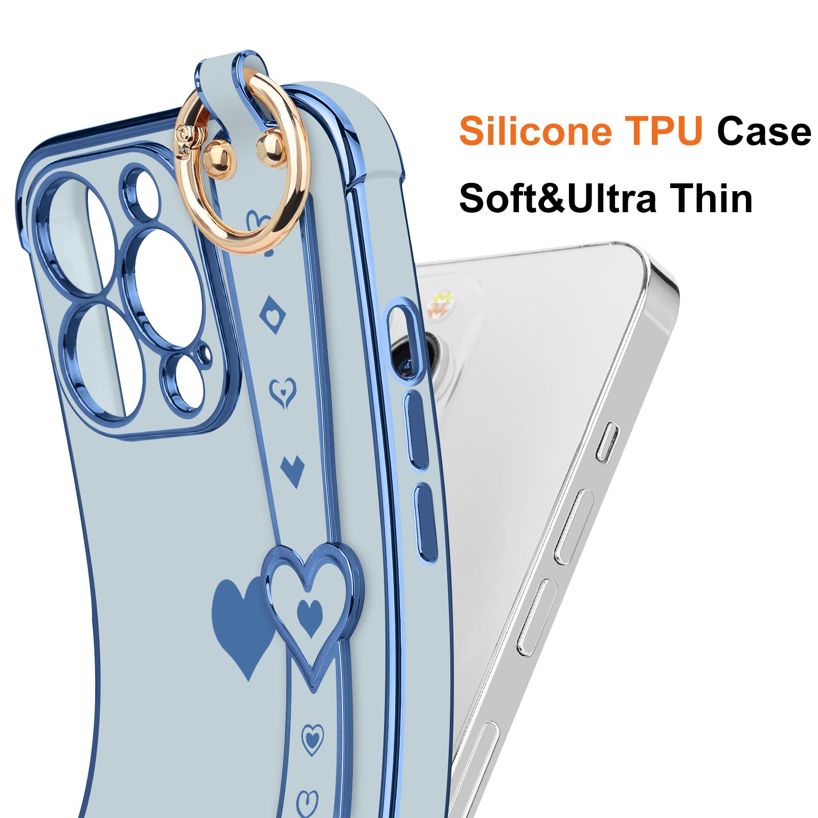 Llz.Coque For Iphone 13 Pro Max Case Cute Love Heart Plating Strap Phone Cover For Women Girls Bling Silicone Camera Lens Protec