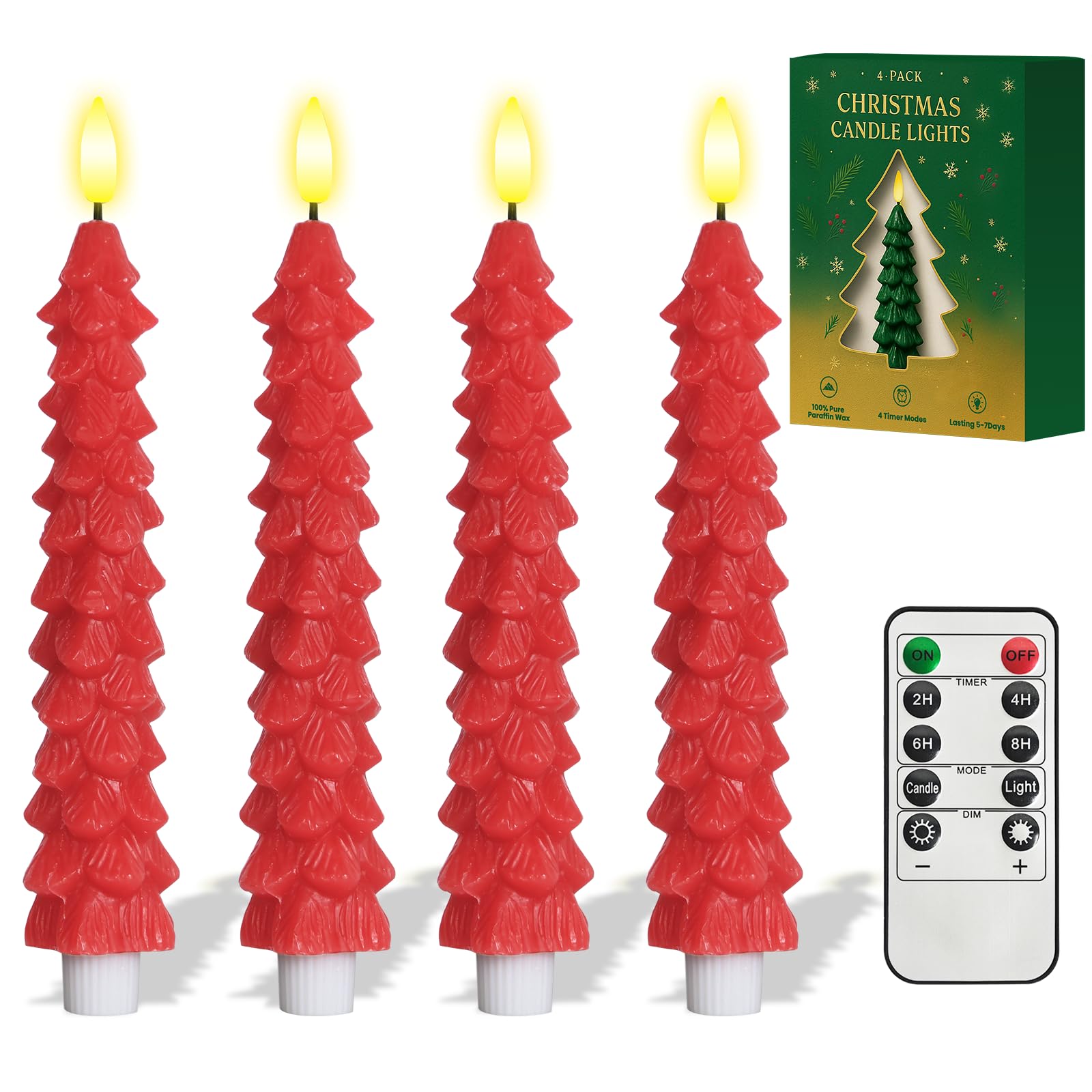 HEYCODY 4 Pcs Christmas Tree-Shaped Flameless Taper Candles with Remote and Timer, Real Wax LED Window Candlesticks, 3D Flame Wi
