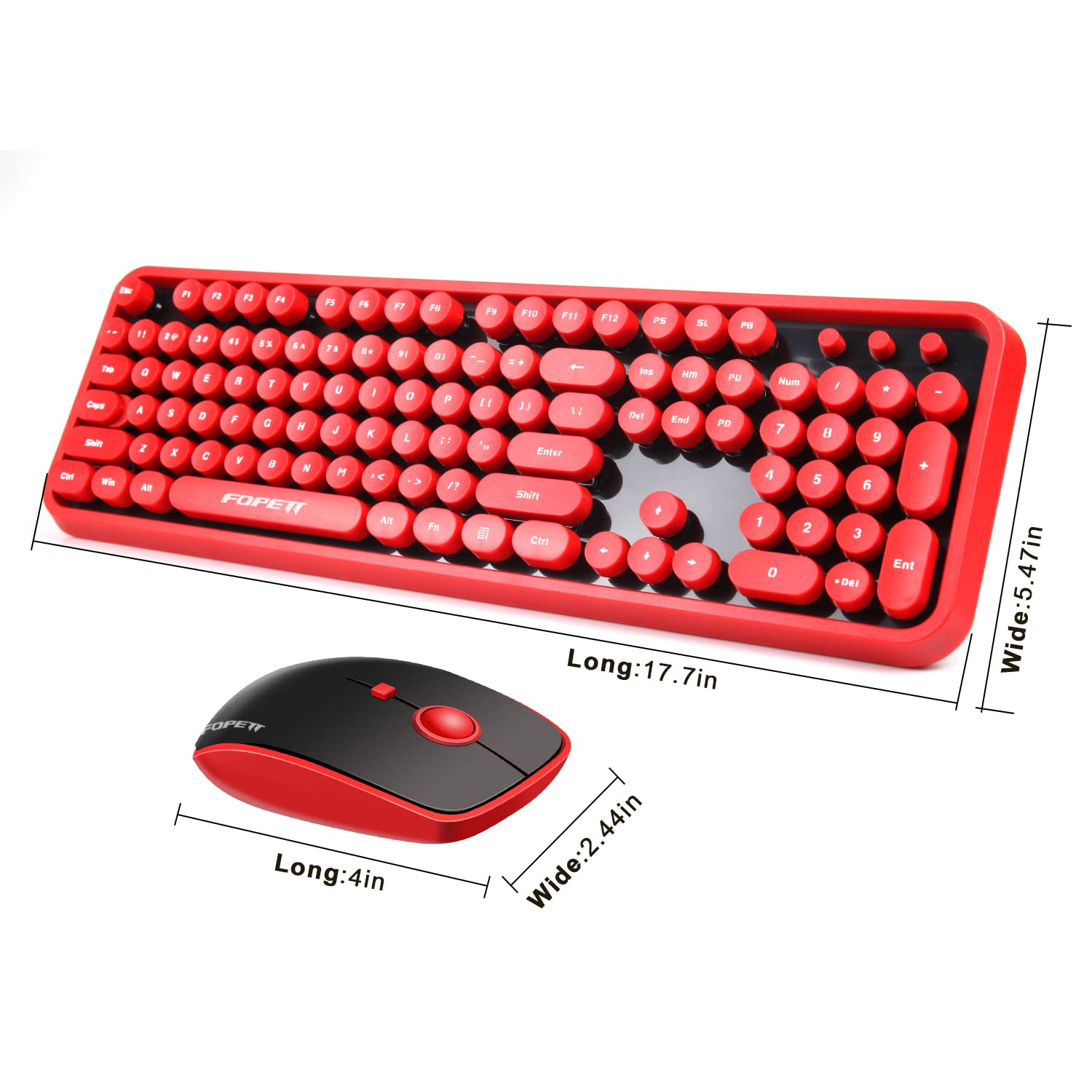 FOPETT Wireless Keyboard and Mouse Combo, 104 Keys, 2.4 GHz, Full-Sized, Black Red, USB Plug and Play for Windows, Mac, PC