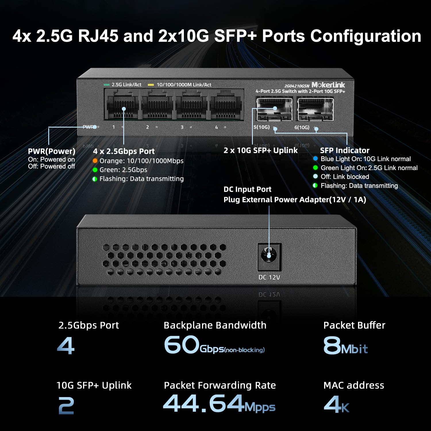 Mokerlink 4 Port 2.5G Ethernet Switch With 2X10G Sfp+ Slot, 4X2.5G Base T Ports Compatible With 100/1000Mbps, Mini Size, Metal U