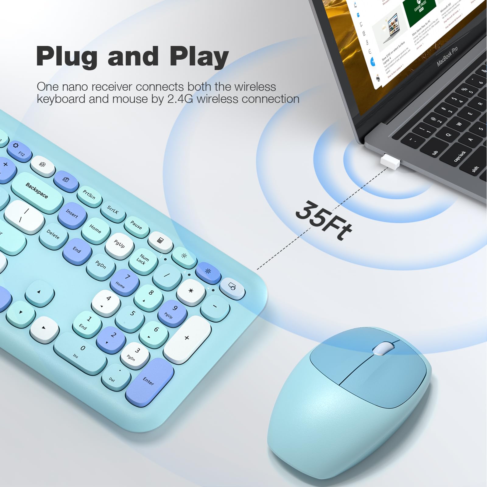 Knowsqt Wireless Keyboard And Mouse Combo, Pale Blue Full Sized 2.4G Silent Keycap Colorful Keyboards, Usb Dongle Plug Play, Lap