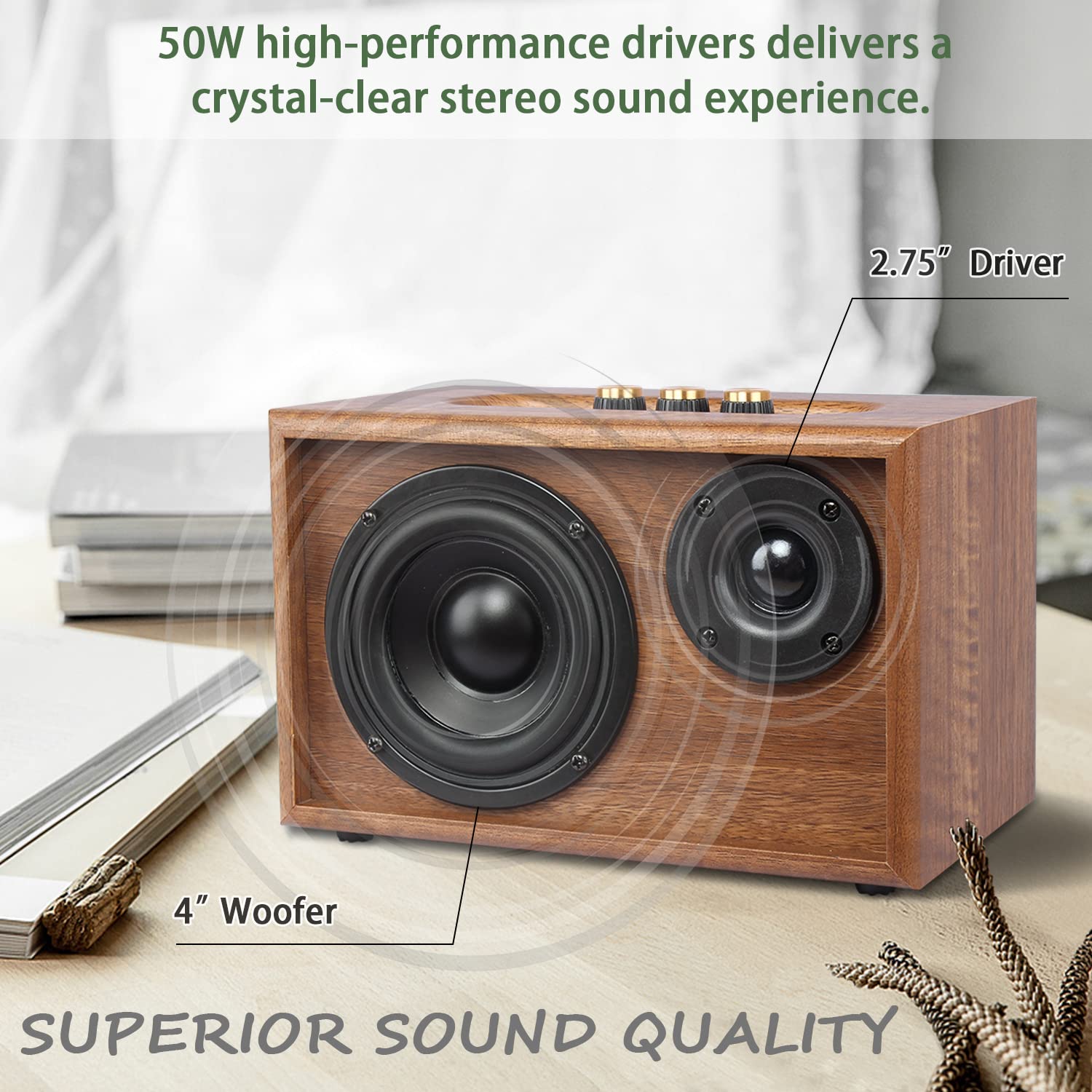 Retro Wooden Bluetooth Speaker, Konex 40W Vintage Portable Wireless Speaker, Bluetooth 4.2 Heavy Bass Music Player, 20H Long Pla