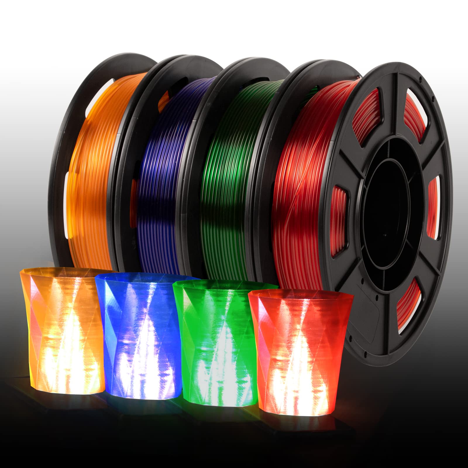 IEMAI Clear PETG Filament 1.75mm Bundle, Crystal Transparent Multicolor 3D Printer Filament Orange/Blue/Green/Red, 250g x 4 Spoo