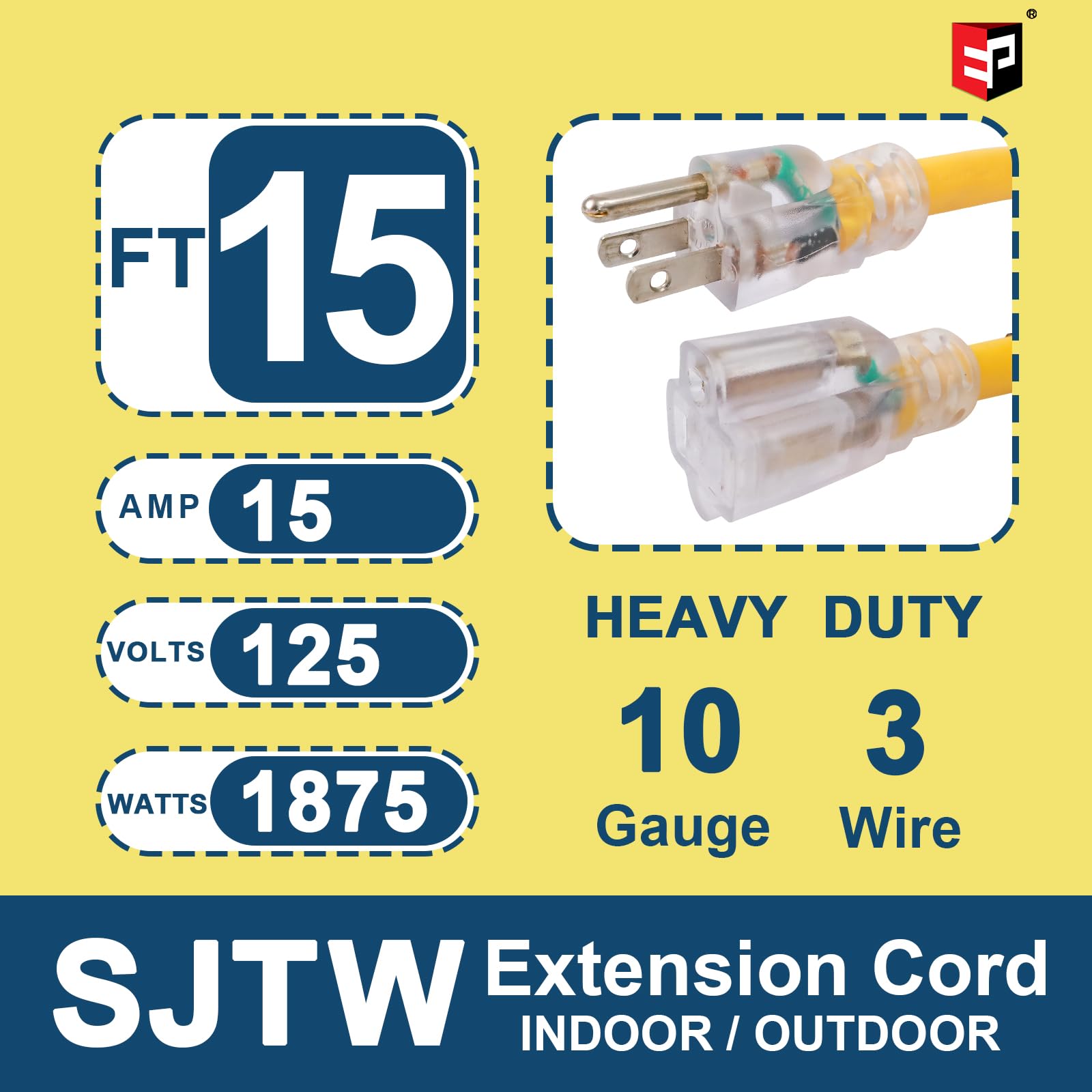 Ep 15 Ft Lighted Outdoor Extension Cord   10/3 Sjtw Heavy Duty Yellow Extension Cable With 3 Prong Grounded Plug For Safety, Ul