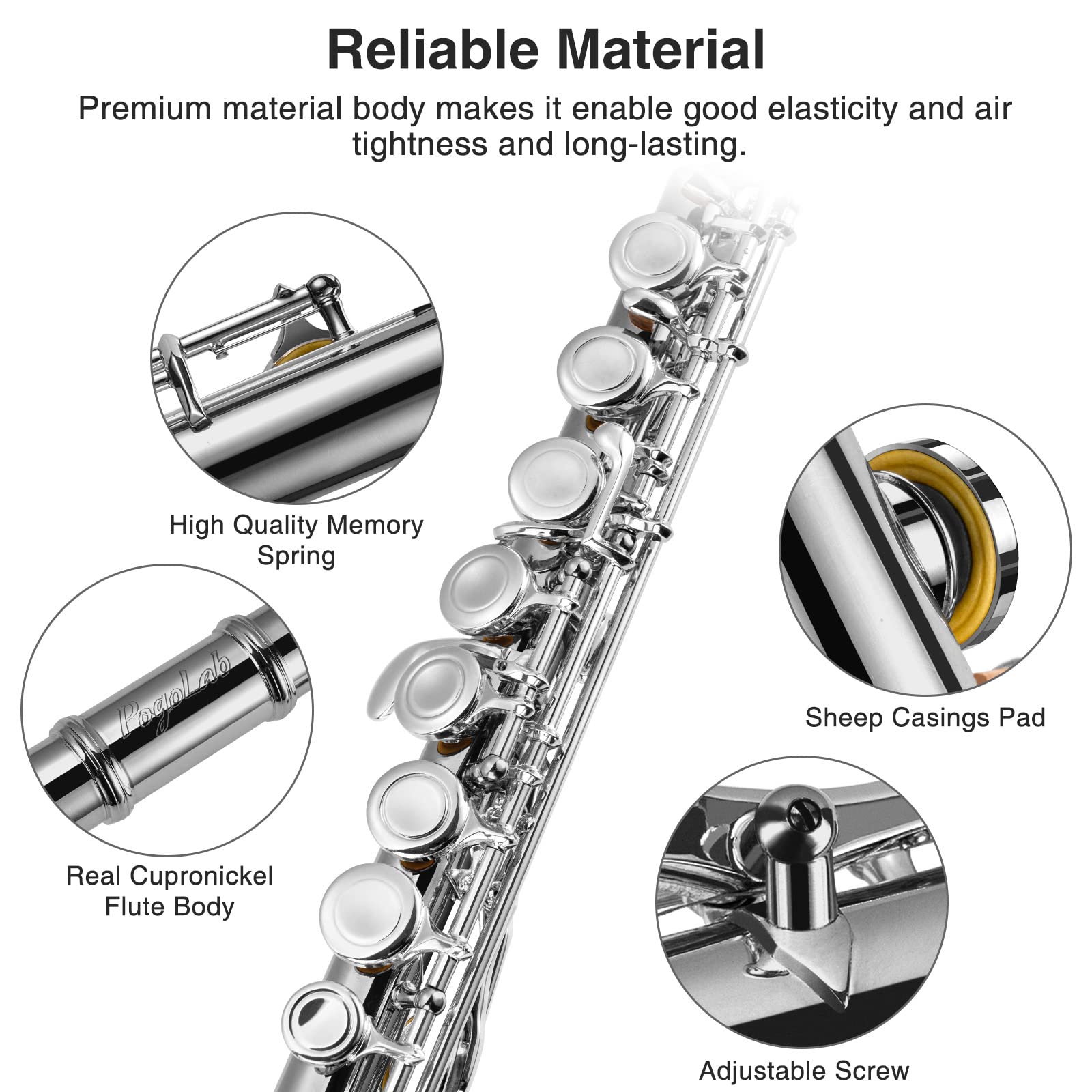 Pogolab Flutes, Closed Hole C 16 Keys Flute Instrument, Student Flute For Beginner Advanced Player, With Flute Cleaning Kit, Car