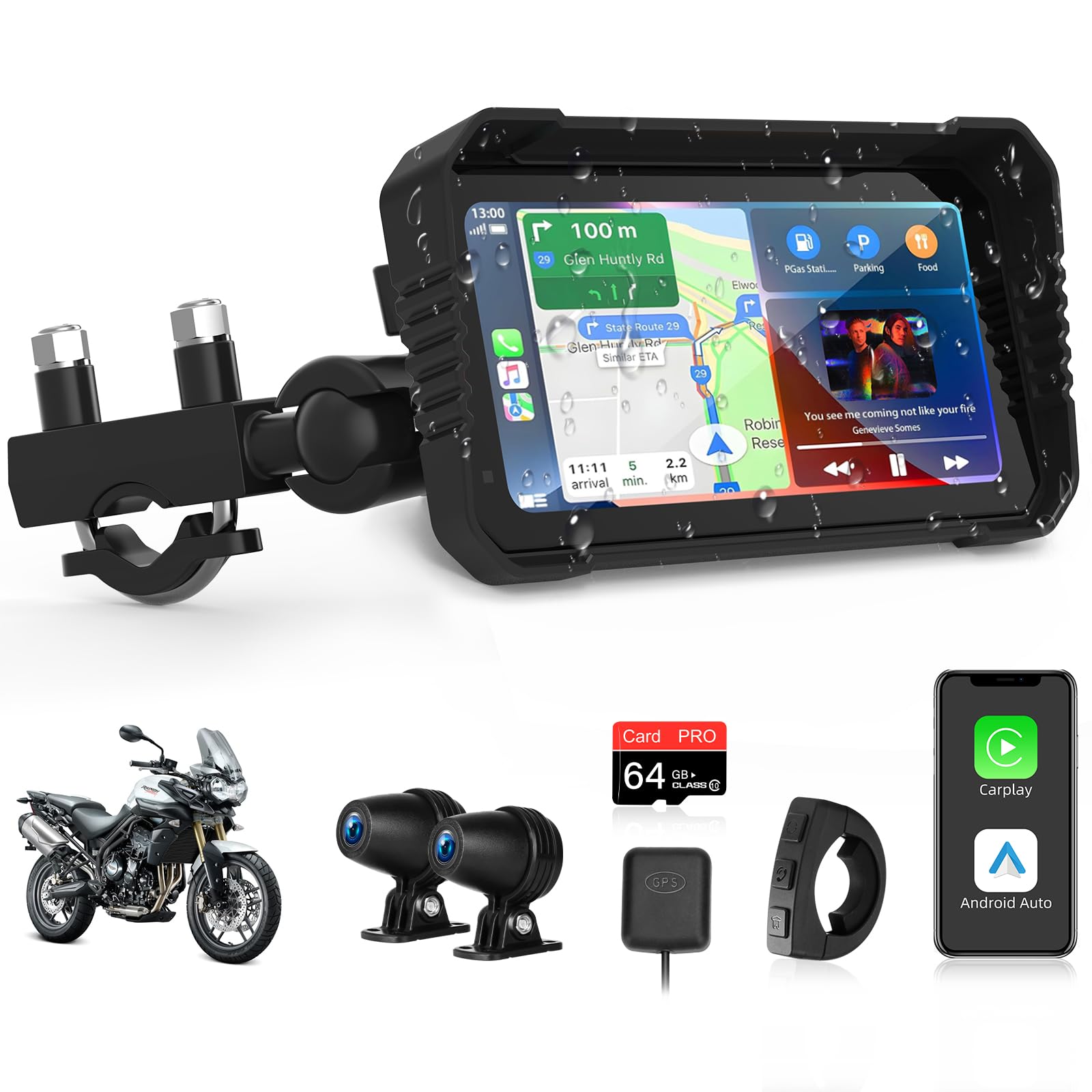 Jelkuz 4K Motorcycle CarPlay 6.25 inch Carplay Motorcycle Screen/Android Auto for Moto Dash cam with Dual Cameras GPS Navigation