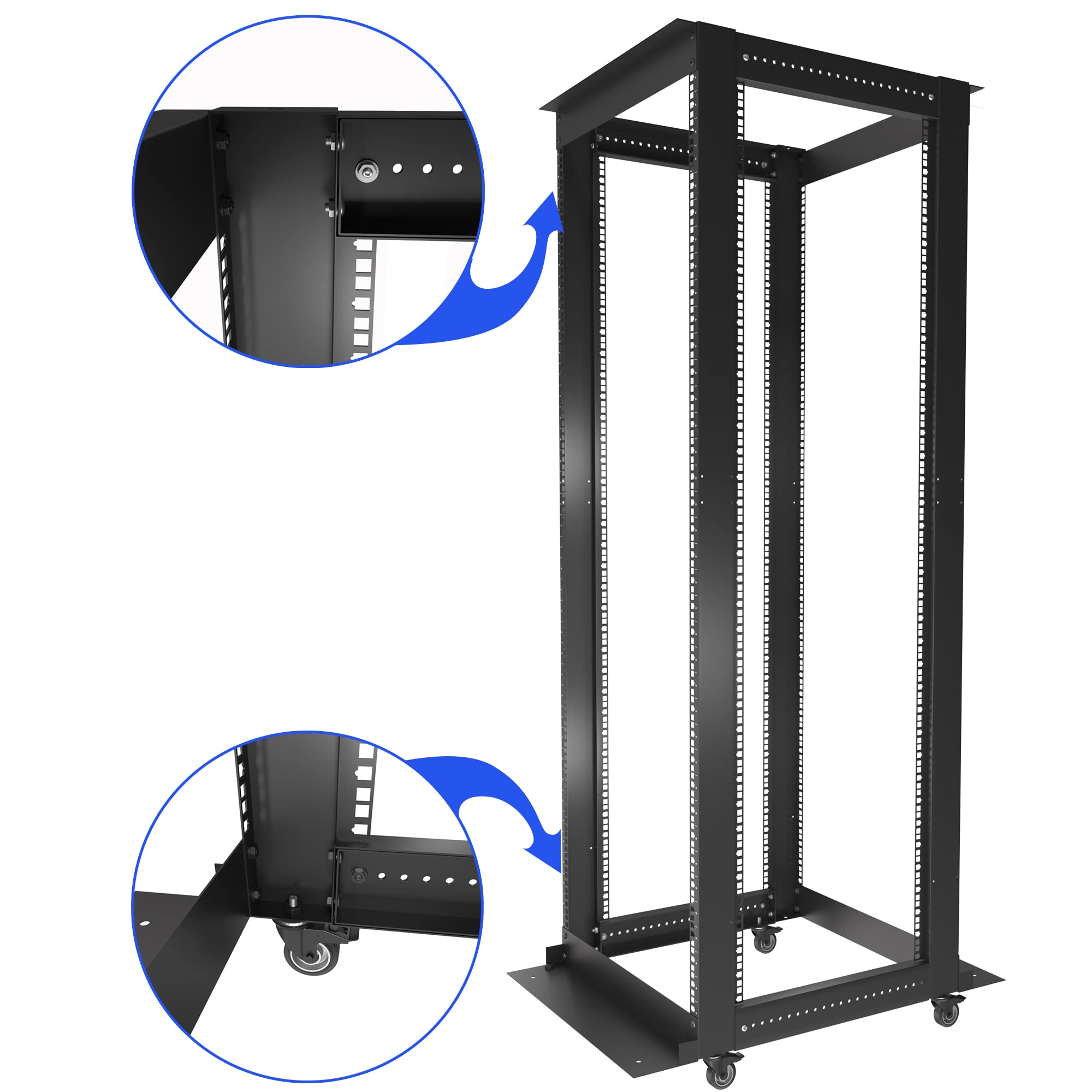 Sysracks 4 Post Open Frame Server Rack Mobile Relay With Wheels Casters For 19' Network Server Av It Equipment Gear Rack Cabinet Adjustable Depth 24' 37' (42U (79' H X 21' W))