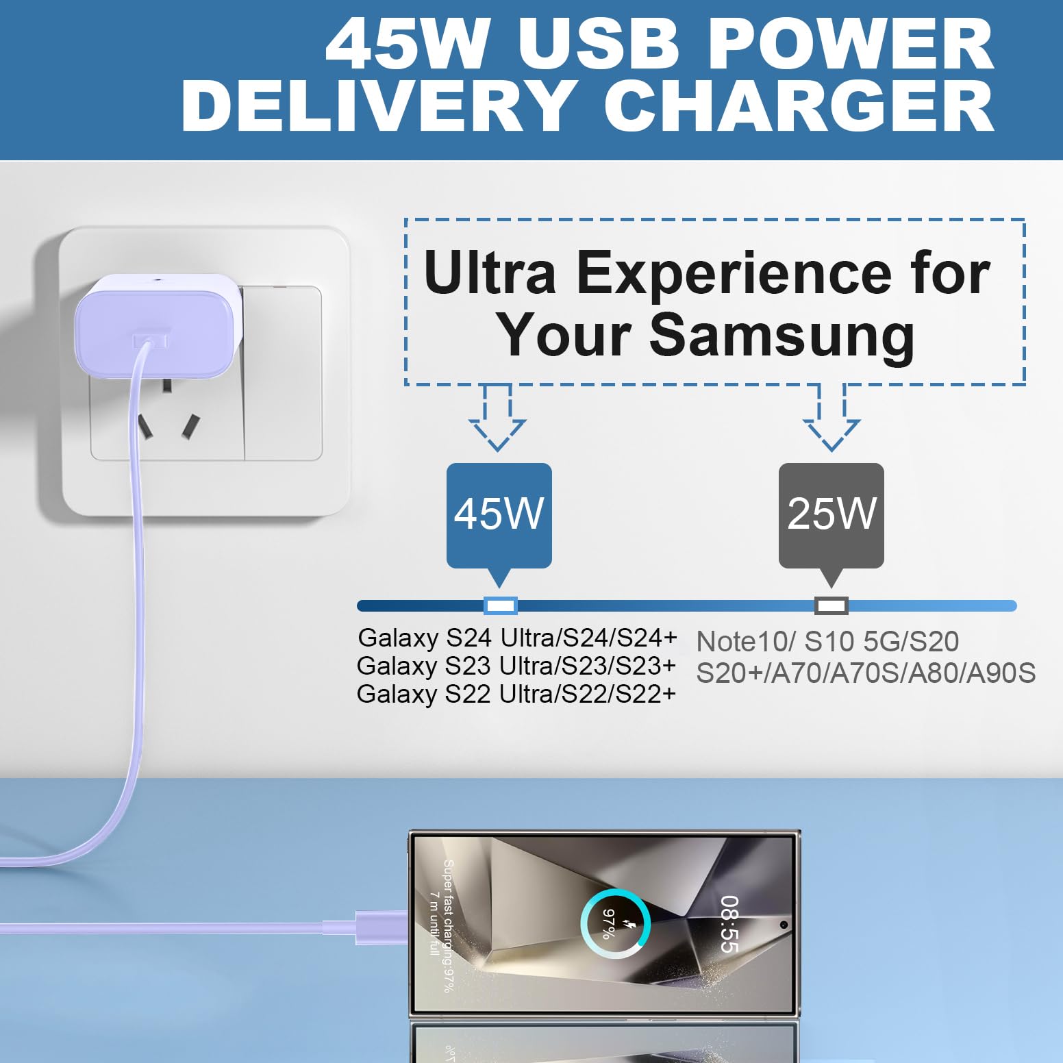 Usb C Charger, 45W Samsung Super Fast Charging Type C Charger With 10Ft Cable For Samsung Galaxy S24 Ultra/S24/S24+/S23 Ultra/S2
