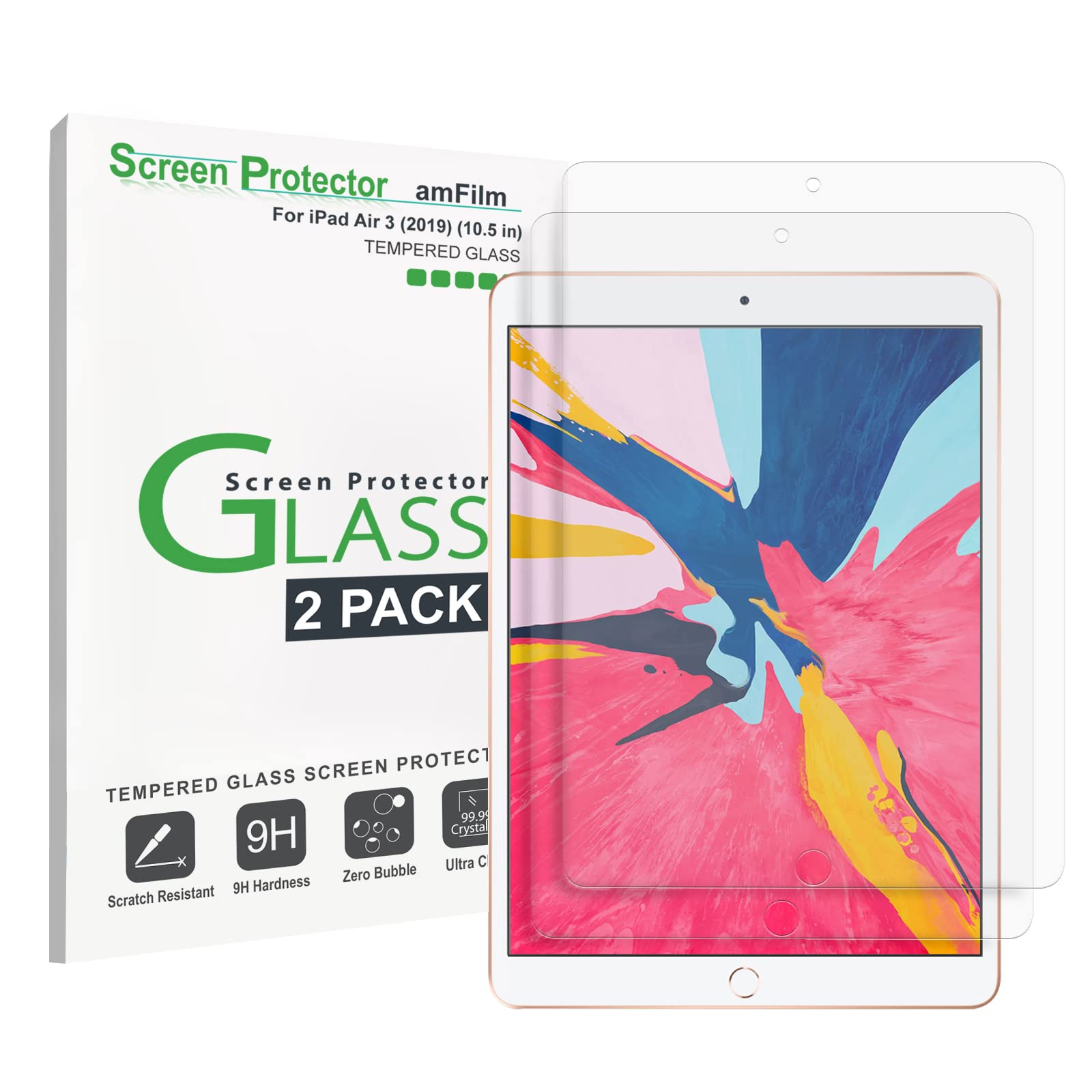 amFilm Glass Screen Protector for iPad Air 3, iPad Pro 10.5 (2017), Apple Pencil Compatible, Tempered Glass, 2 Pack