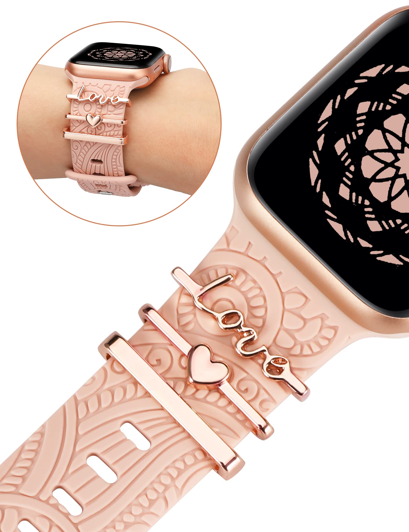 Toyouths (Include Band) Decorative Ring Loops Compatible With Apple Watch Band Charms 42Mm 44Mm 45Mm 49Mm Women, Boho Engraved F