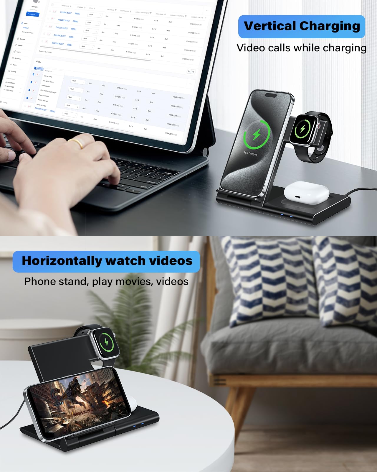 Charging Station For Apple Multiple Devices, Foldable 3 In 1 Wireless Charger For Iphone 16 15 14 13 Pro Max Plus &Apple Watch 1