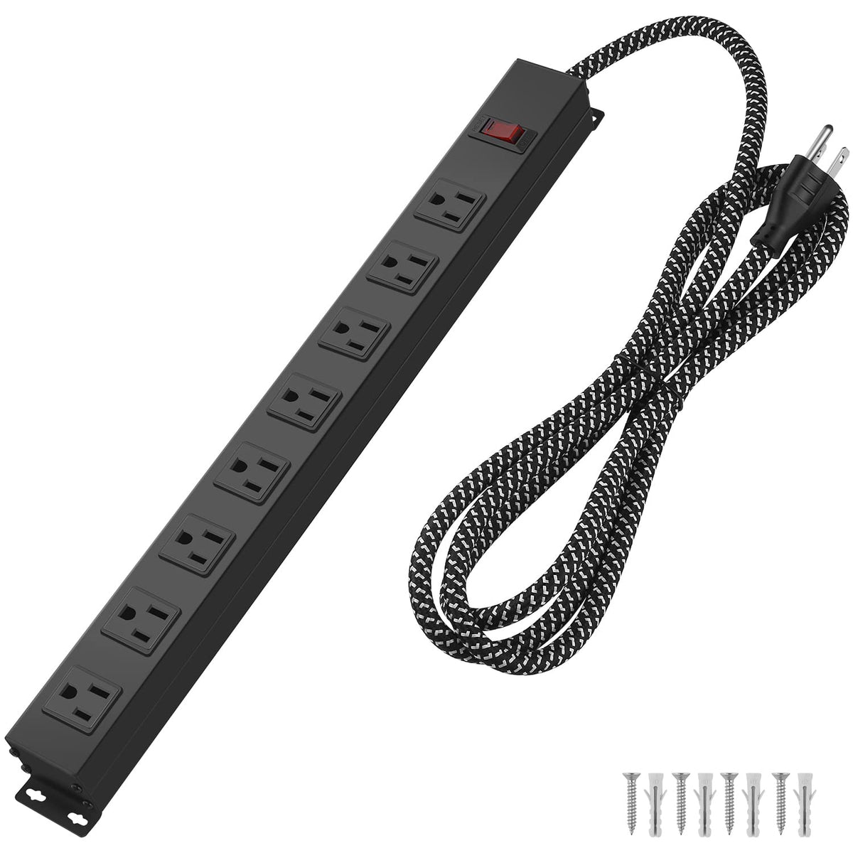Metal 8 Outlet Mountable Power Strip With Switch,Wide Spaced Heavy Duty Wall Mount Power Strip Surge Protector 1200J,3Ft 14Awg B