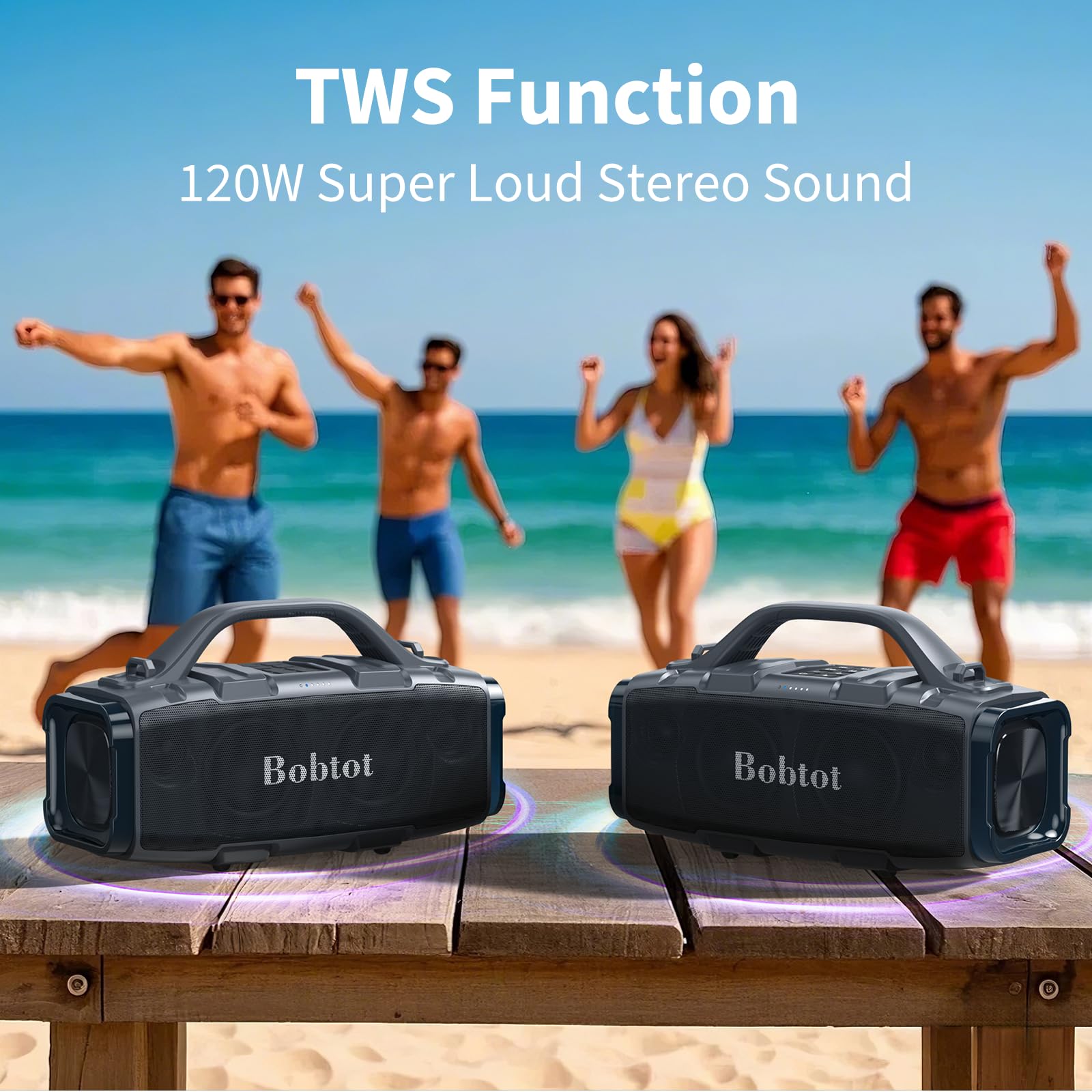 Bobtot Portable Bluetooth Speaker, 60W Peak Ipx6 Waterproof, Outdoor Speaker With Handle Stereo Loud Sound, Deep Bass, 8800Mah B