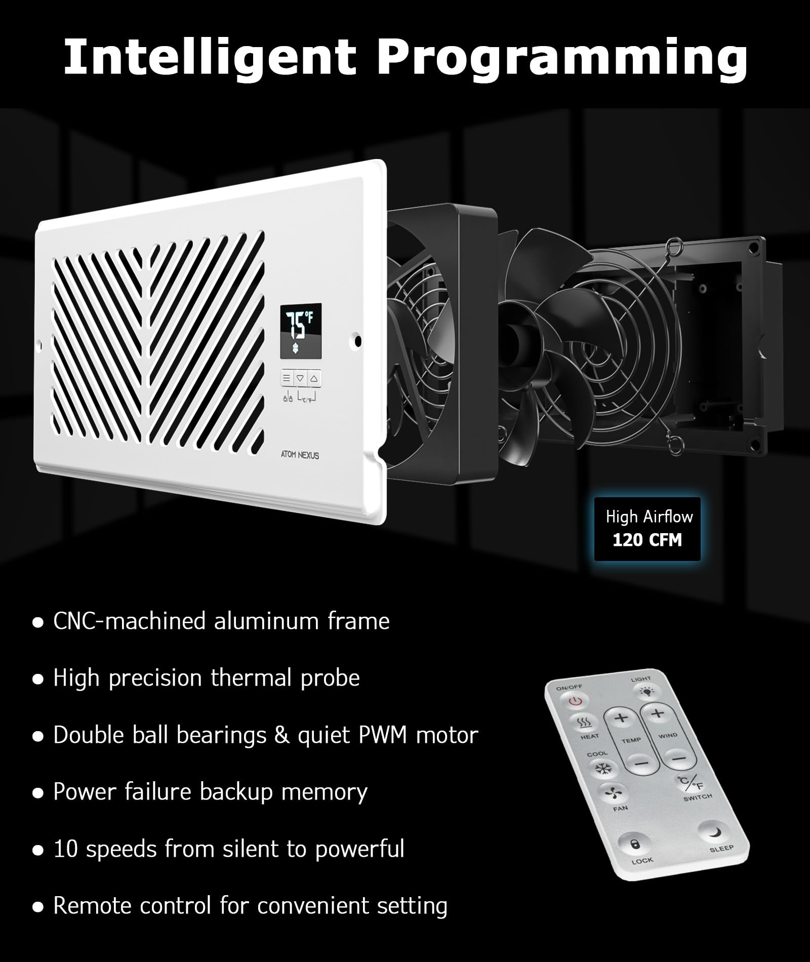 Atom Nexus Quiet Register Booster Fan Fits 4   X10    Register Holes, Smart Vent Booster Fan With Thermostat & Remote Control, 1