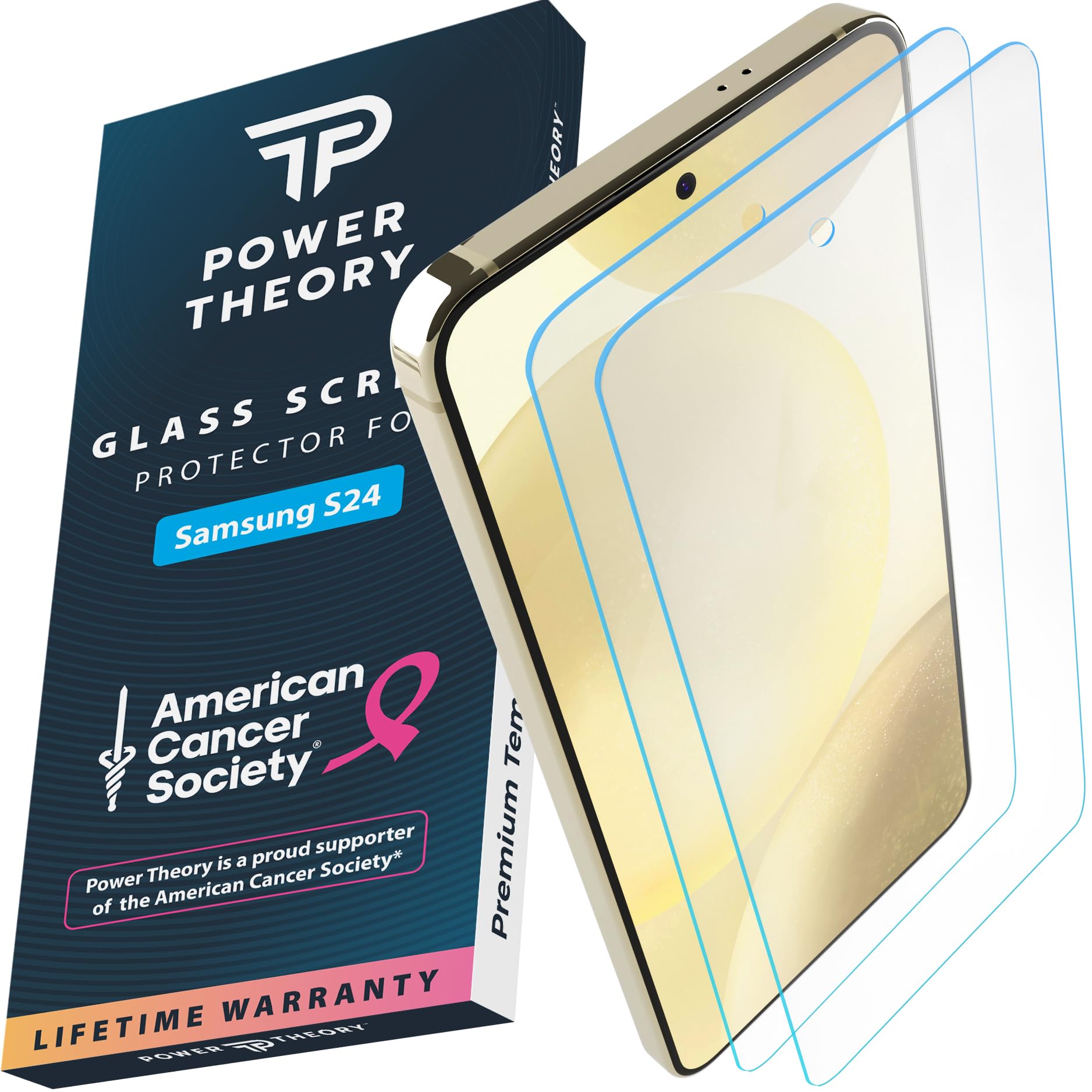 Power Theory For Samsung S24 Screen Protector Double Tempered Glass, 9H Hardness, [Benefits American Cancer Society], Perfect An
