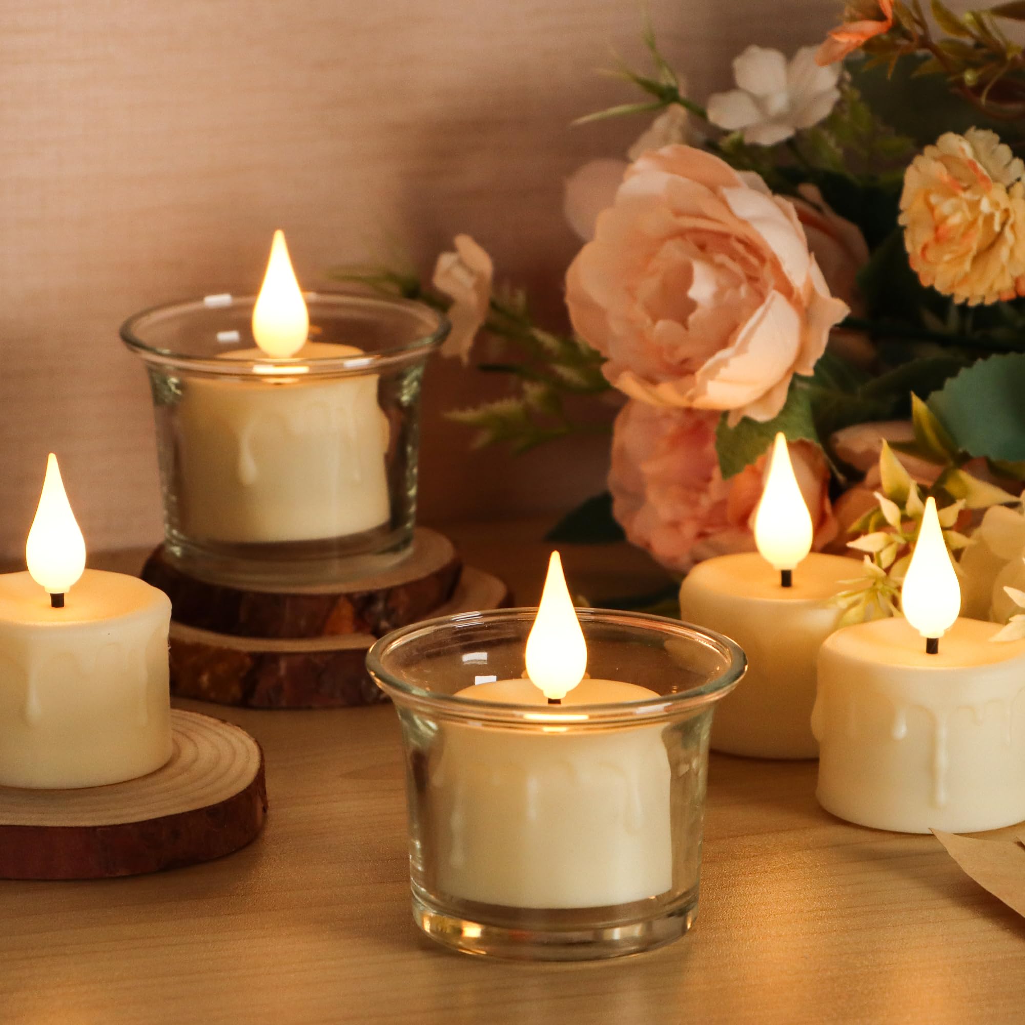 FREEPOWER Flameless LED Tea Lights with Remote Timer, Rechargeable 3D Wick Candles, Soft White, 6 Pack, Up to 40 Hours for Home Decor