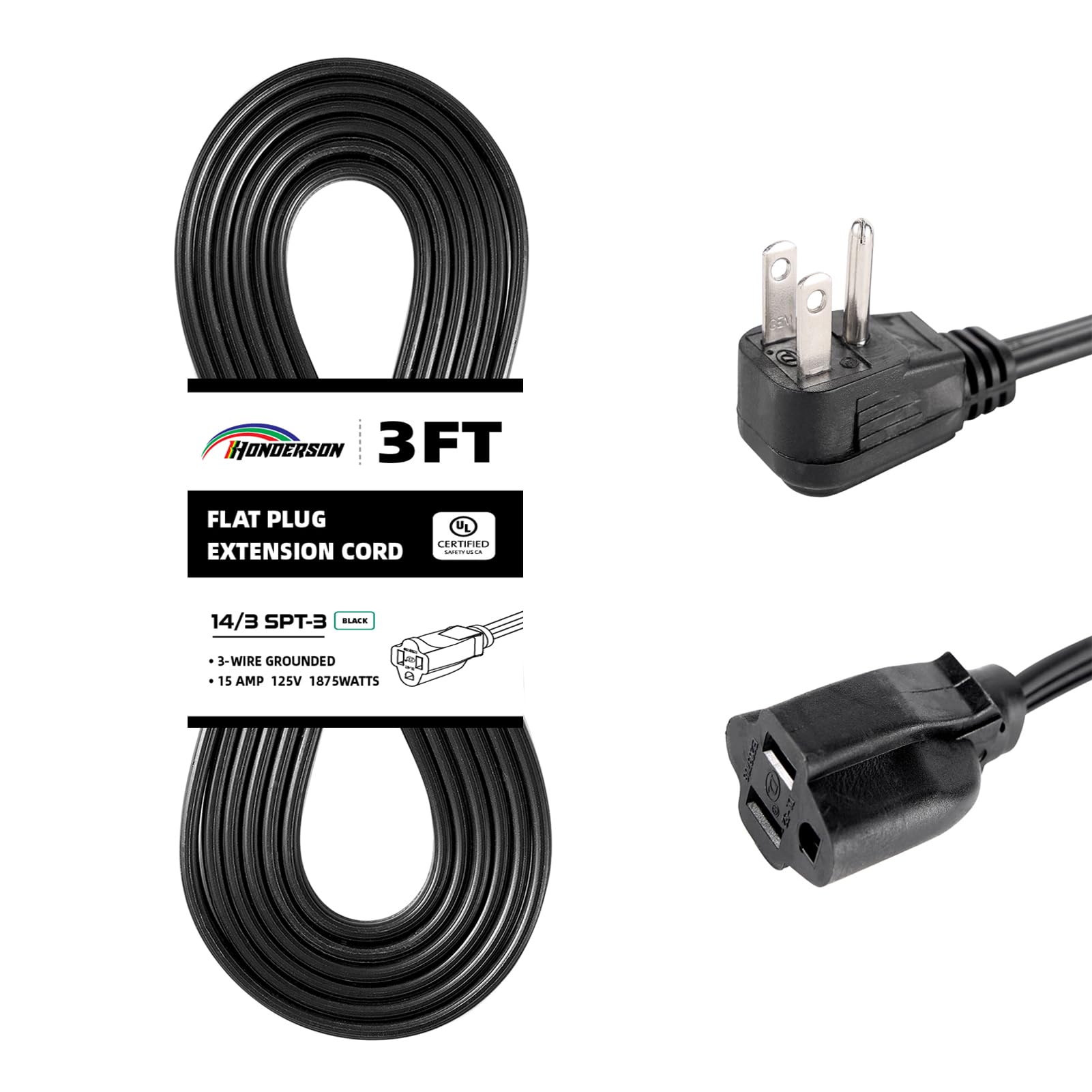 Honderson Flat Plug Extension Cord, Ul Listed, Indoor Extension Cord 14 Gauge 3Ft Black, 14/3 Spt 3 15A 3 Prong Grounded Power C