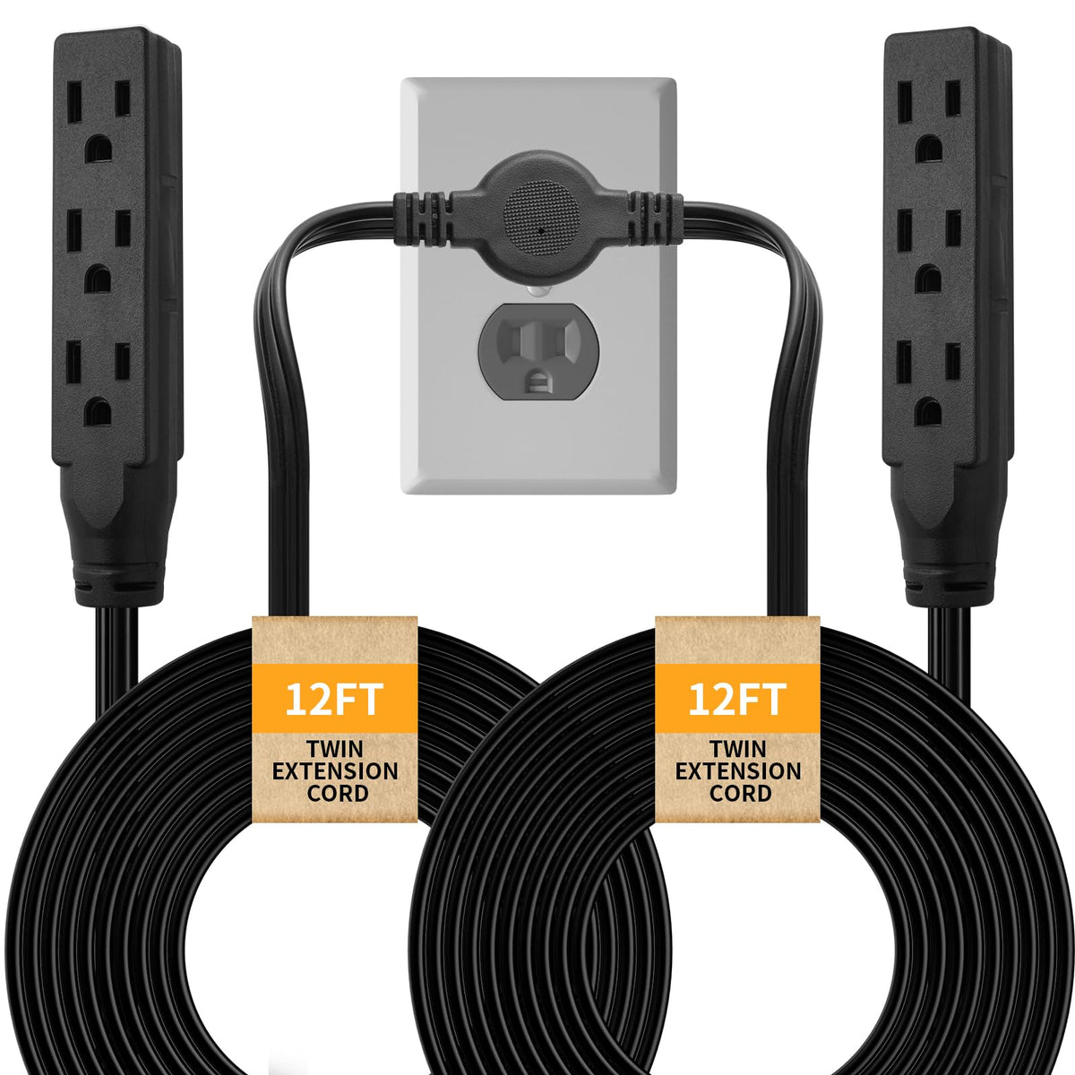 Makevivi Twin Extension Cord, 24 Ft Flat Wall Plug, 12 Feet On Each Side, 3 Prong Power Strip With 6 Outlets, Double Extension C