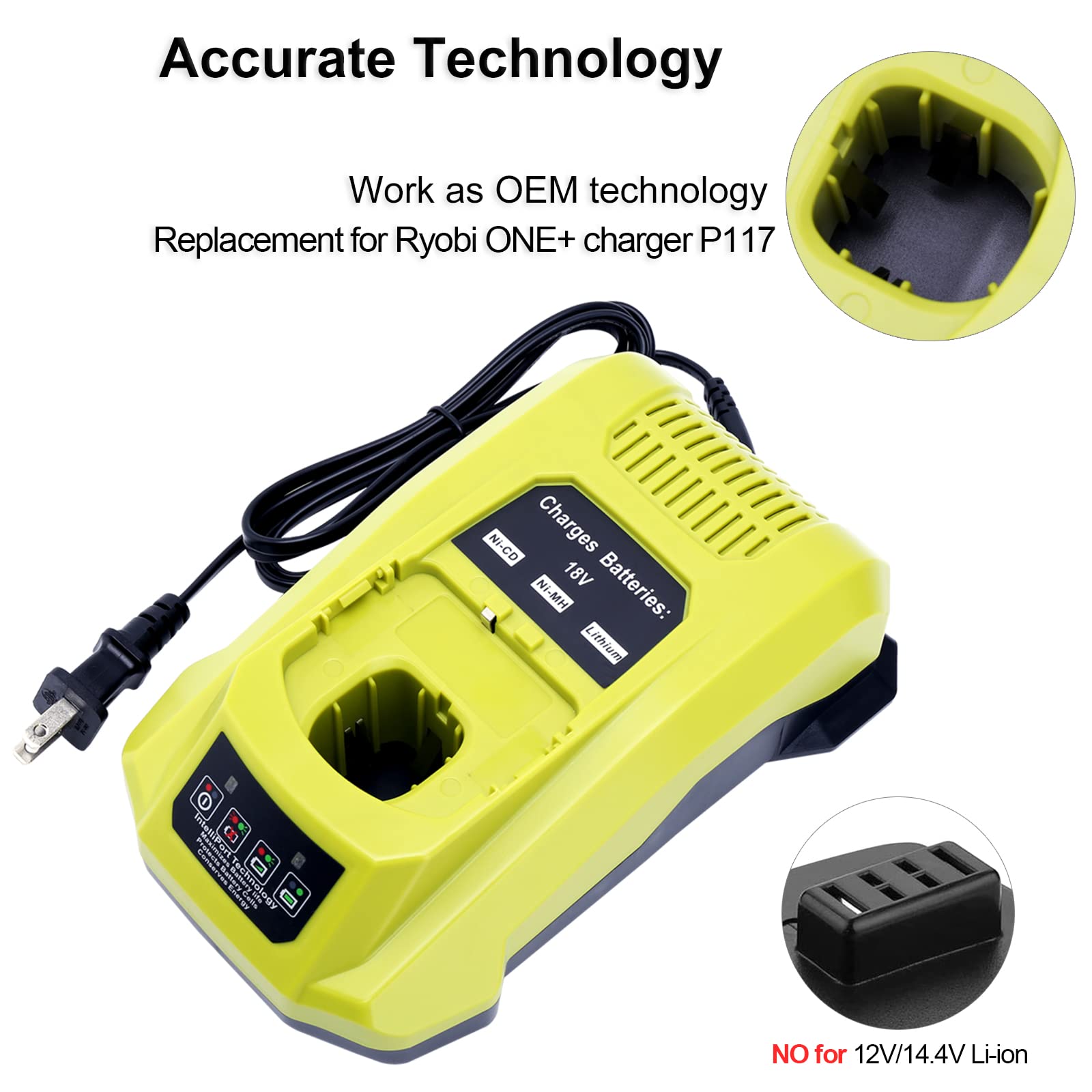 Biswaye P117 Compatible With Ryobi 18V Charger, Compatible With Ryobi 12V 18V One+ Lithium Nicad Nimh Battery P102 P108 P189 P19