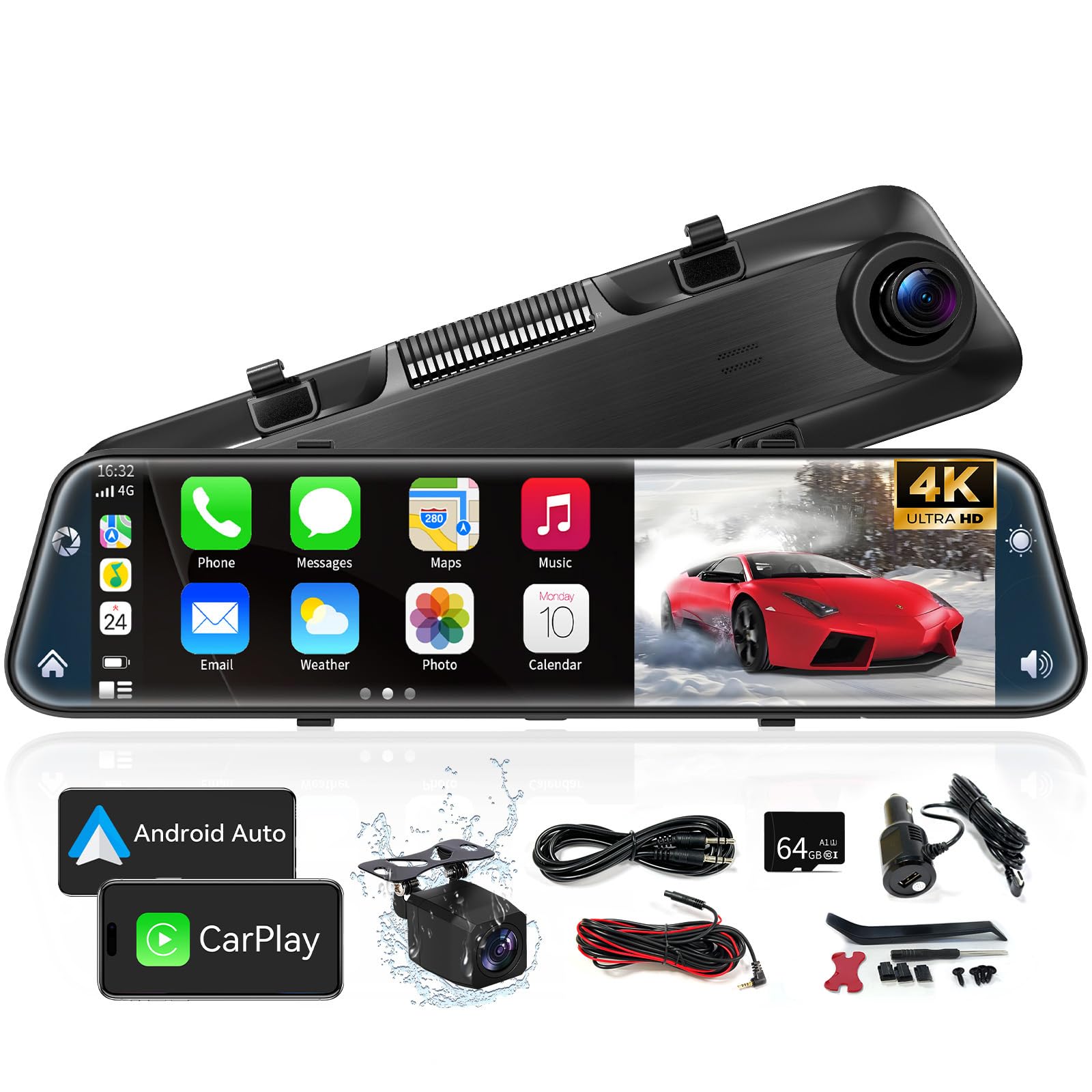 4K Rear View Mirror Camera With Carplay&Android Auto,12'' Mirror Dash Cam Front And Rear With Voice Control For Cars&Trucks,Smar