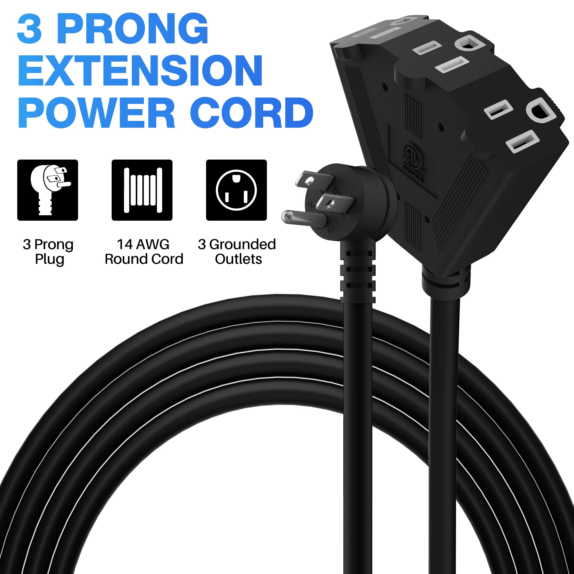 14/3 Gauge Heavy Duty Outdoor Extension Cord 50 Ft, 90 Degree Angled 3 Prong Plug, 14 Gauge Power Cable With 3 Outlets, 14Awg, 1