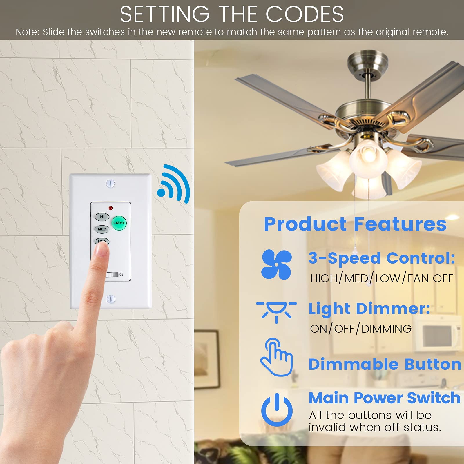 Eogifee Universal Ceiling Fan Wall Control 3 Speed Wall Mounted Fan Control Full Range Dimmer Uc 9050T Chq9051T