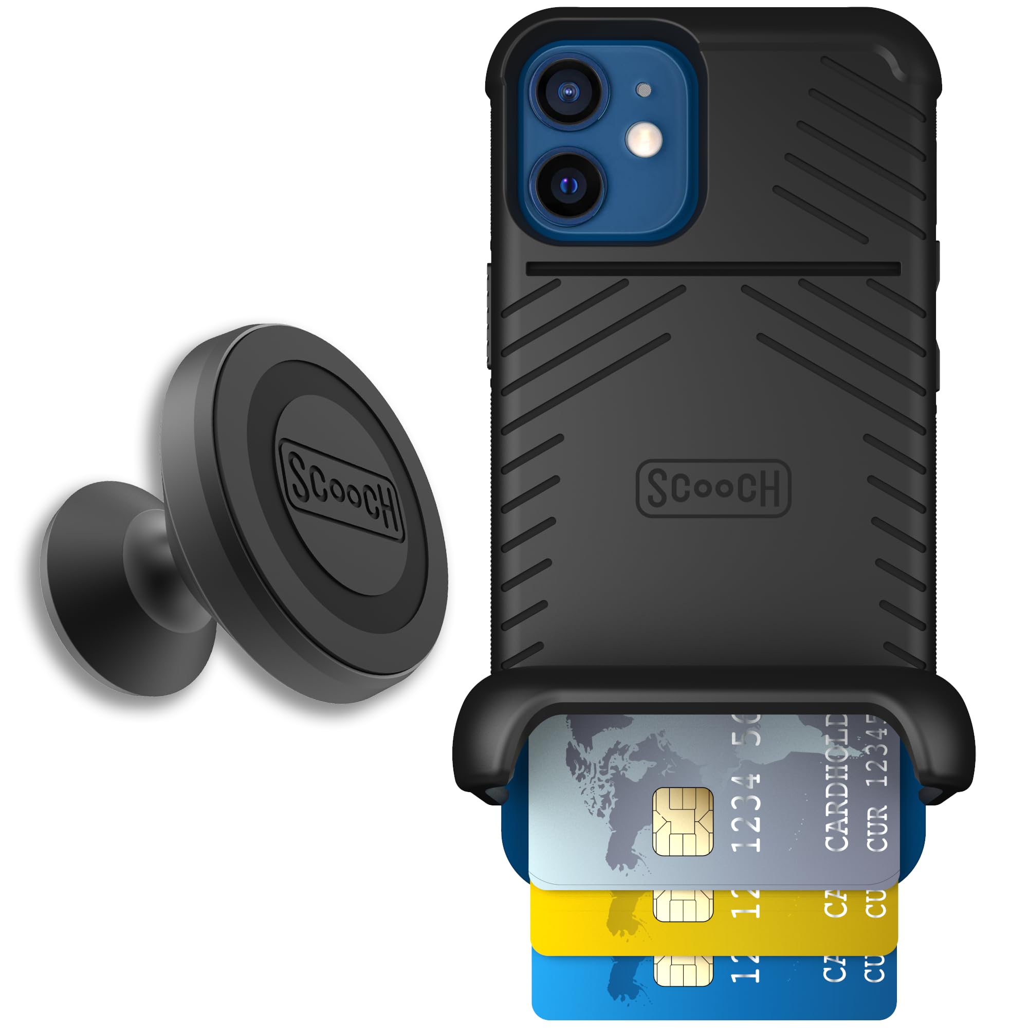 Scooch for iPhone 12 Mini Case with Card Holder, Wingmate Wallet Case Black, Bundled with Wingmount Magnetic Car Mount
