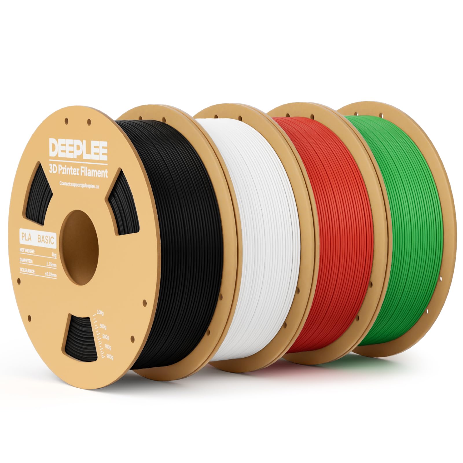 DEEPLEE Basic PLA Filament 1.75mm, 3D Printer Filament, Black White Red & Grass Green 4kg