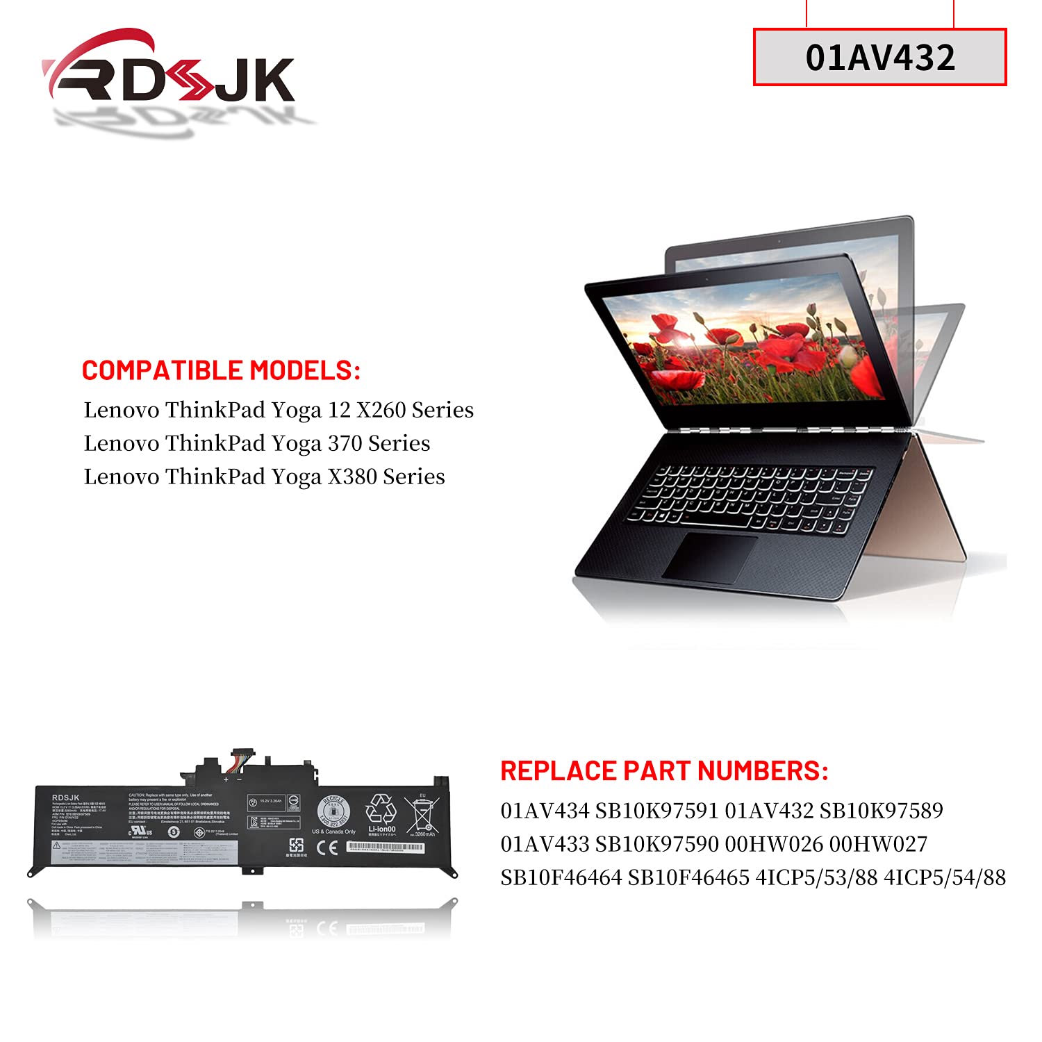 01Av432 01Av433 01Av434 00Hw026 00Hw027 Laptop Battery For Lenovo Thinkpad Yoga 260 370 X380 Series Sb10K97589 Sb10K97590 Sb10K9