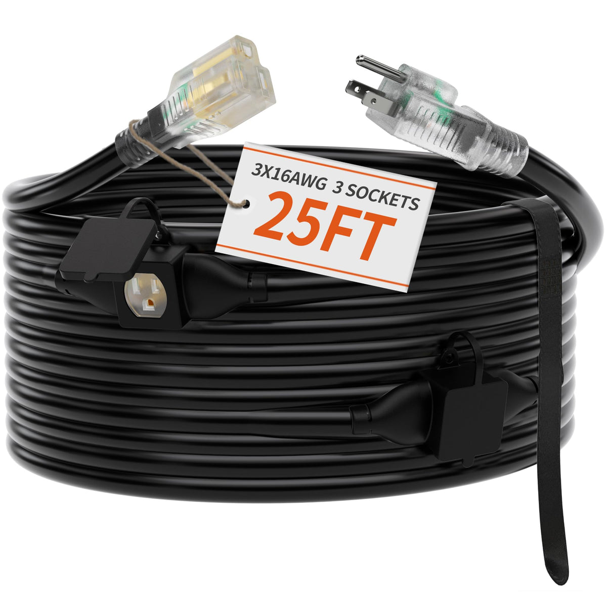 Plugsaf 25 Ft Outdoor Extension Cord With Multiple Outlets, 16/3 Gauge Heavy Duty Extension Cord Evenly Spaced 3 Outlets Plugs B