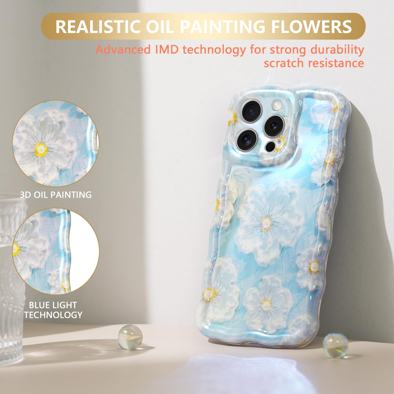Sheheme For Iphone 14 Pro Max Case [With 9H Screen Protectors] Wave Bumper Colorful Oil Painting Flowers Print Blue Glossy Soft