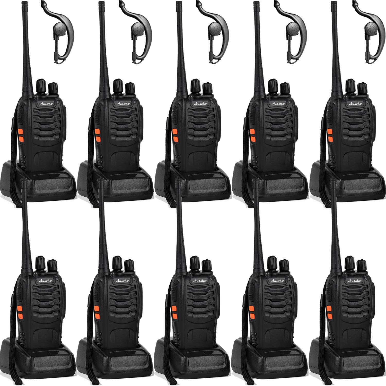 Ansoko Walkie Talkies 10 Pack Long Range Rechargeable 2 Way Radio Uhf 16 Channel With Earpiece Li Ion Battery And Charger (Pack