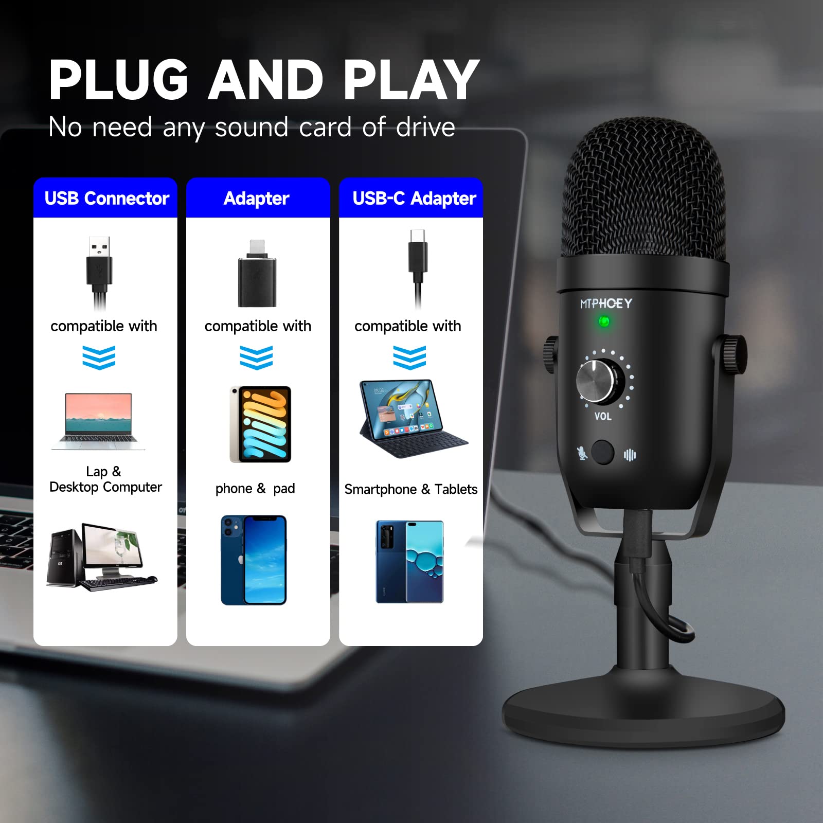 Podcast Microphone For Phone, Mtphoey Professional Usb Microphone Fortiktok/Pc/Pad/Ps4/I*O*S/Android,Computer Mic With Noise Can
