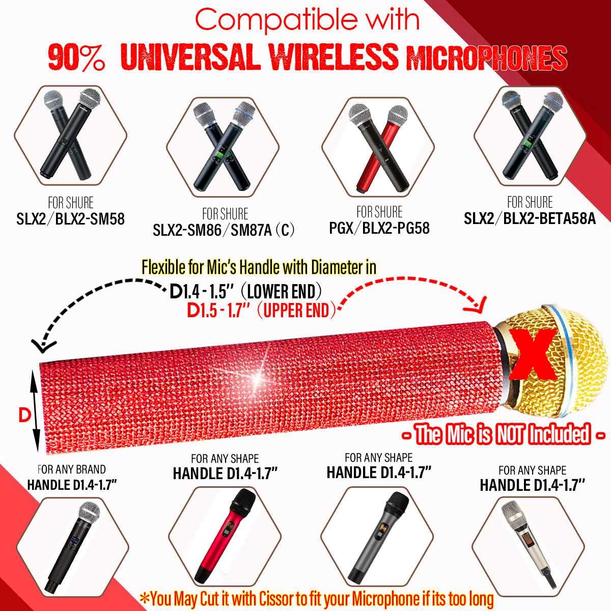 Rk Red Crystal Mic Handle Cover Fits For Shure Wireless Microphone Slx2, Blx2/Sm58, Beta58, Beta87, Beta83, Pg58 Unique Diamond