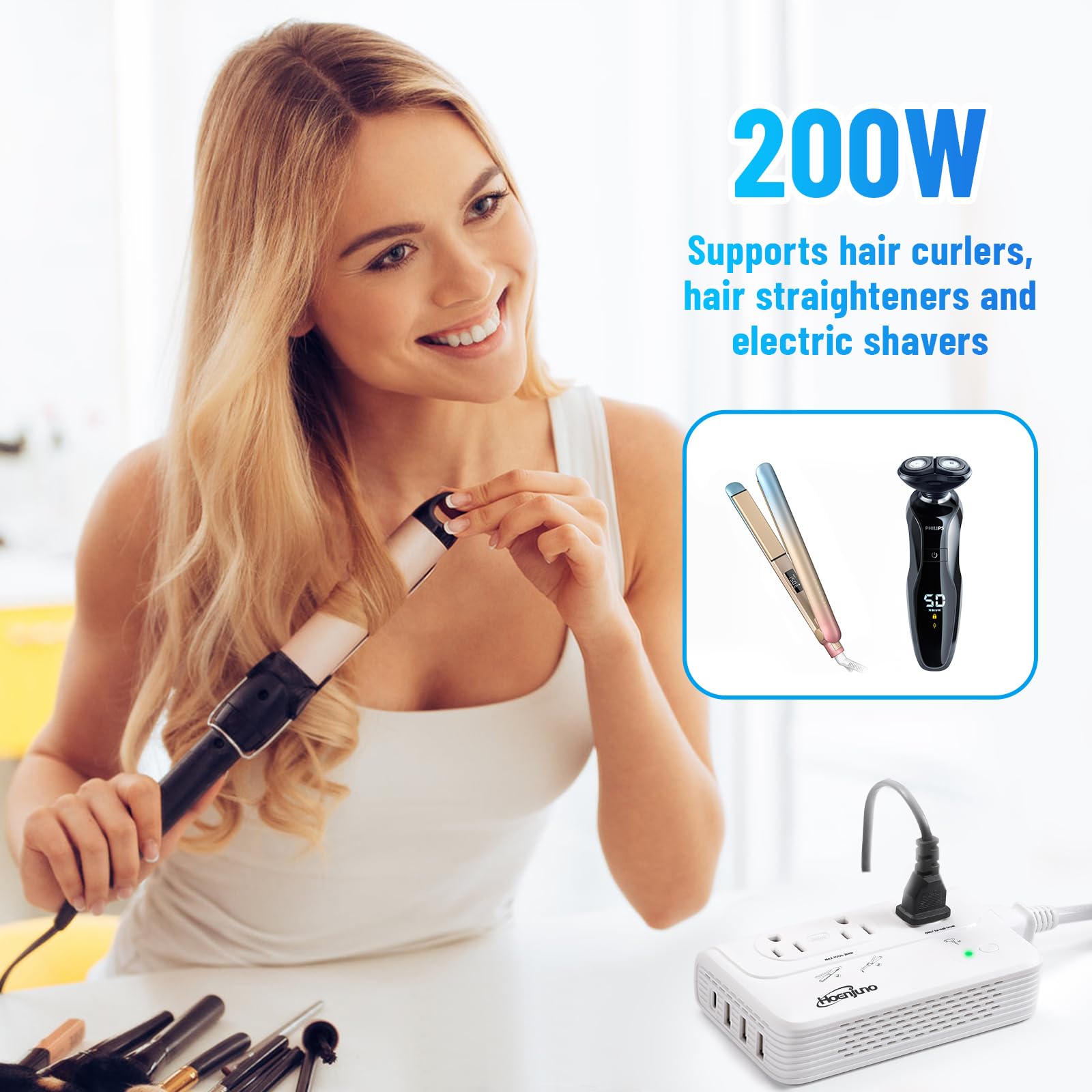 Hoenjuno 2000W Universal Travel Adapter For Hair Dryer & 200W Voltage Converter 220V To 110V For Curling Iron, Straightener With