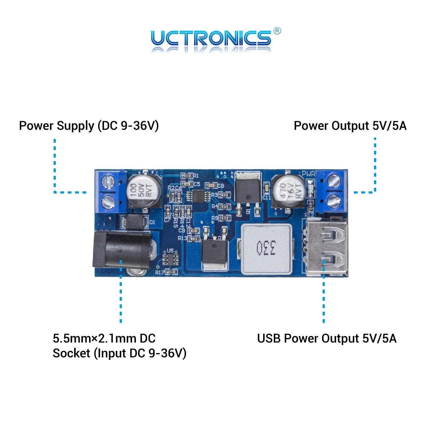 Uctronics Dc 9V 12V 24V To Dc 5V 5A Buck Converter Module, 9 36V Step Down To Usb 5V Transformer Dual Output Voltage Regulator B