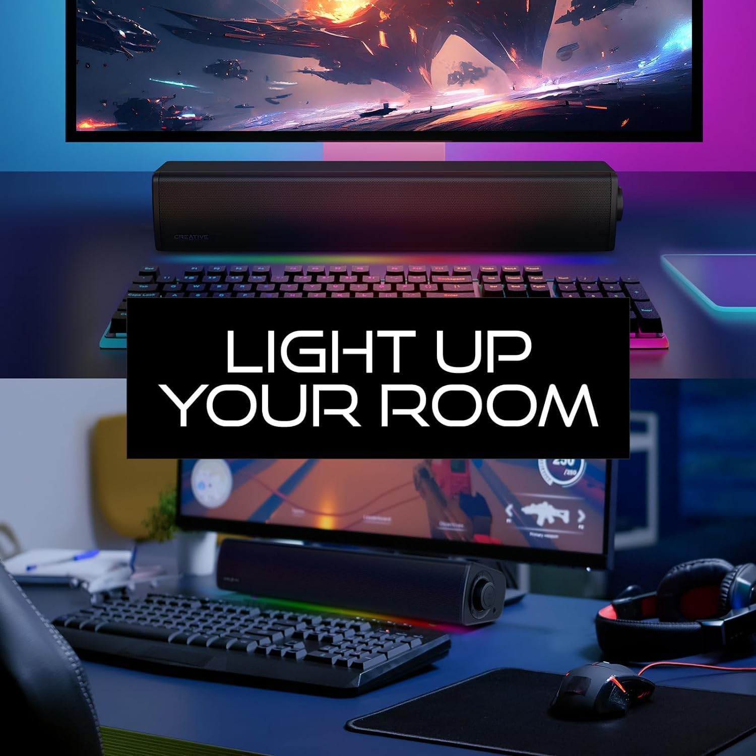 Sound Blaster Gs3 Compact Rgb Gaming Soundbar With Superwide Technology, Powered Via Usb, Bluetooth 5.4, Headphone Out Port, For