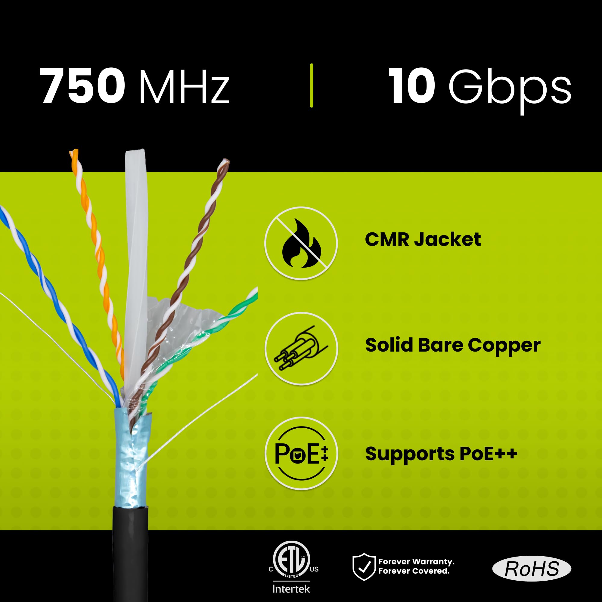Truecable Cat6A Shielded Riser (Cmr), 1000Ft, Black, 23Awg Solid Bare Copper, 750Mhz, Poe++ (4Ppoe), Etl Listed, Overall Aluminum Foil Shield (F/Utp), Bulk Ethernet Cable