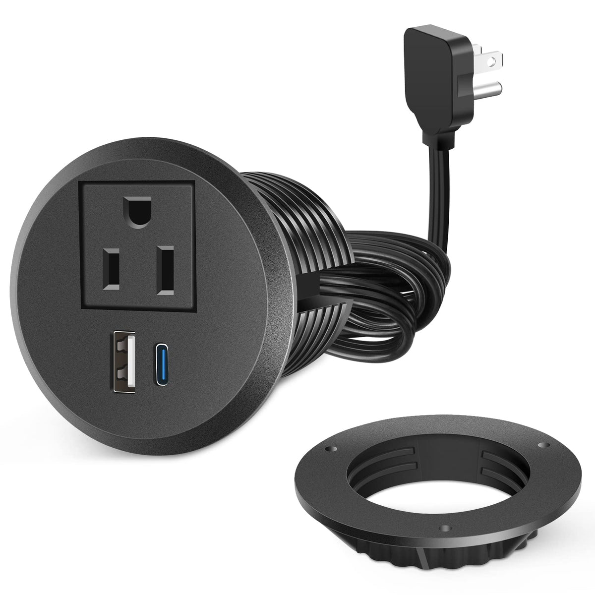 6.5Ft Cord Flat Plug 2 Inch Desk Power Grommet Outlet, Recessed Power Strip Socket With 2 Usb, 18W Pd Fast Chargingusb-C Grommet
