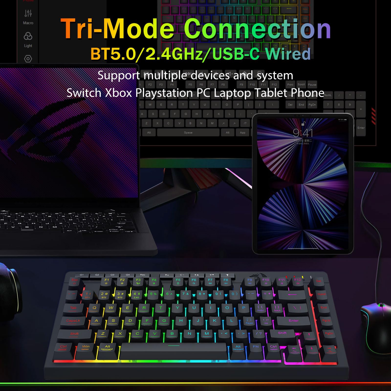 Redragon Portable Wireless Gaming Keyboard, Extra On-Board Macro Keys, Bluetooth/2.4Ghz/Usb-C, Rgb Backlit, Anti-Ghosting, Recha