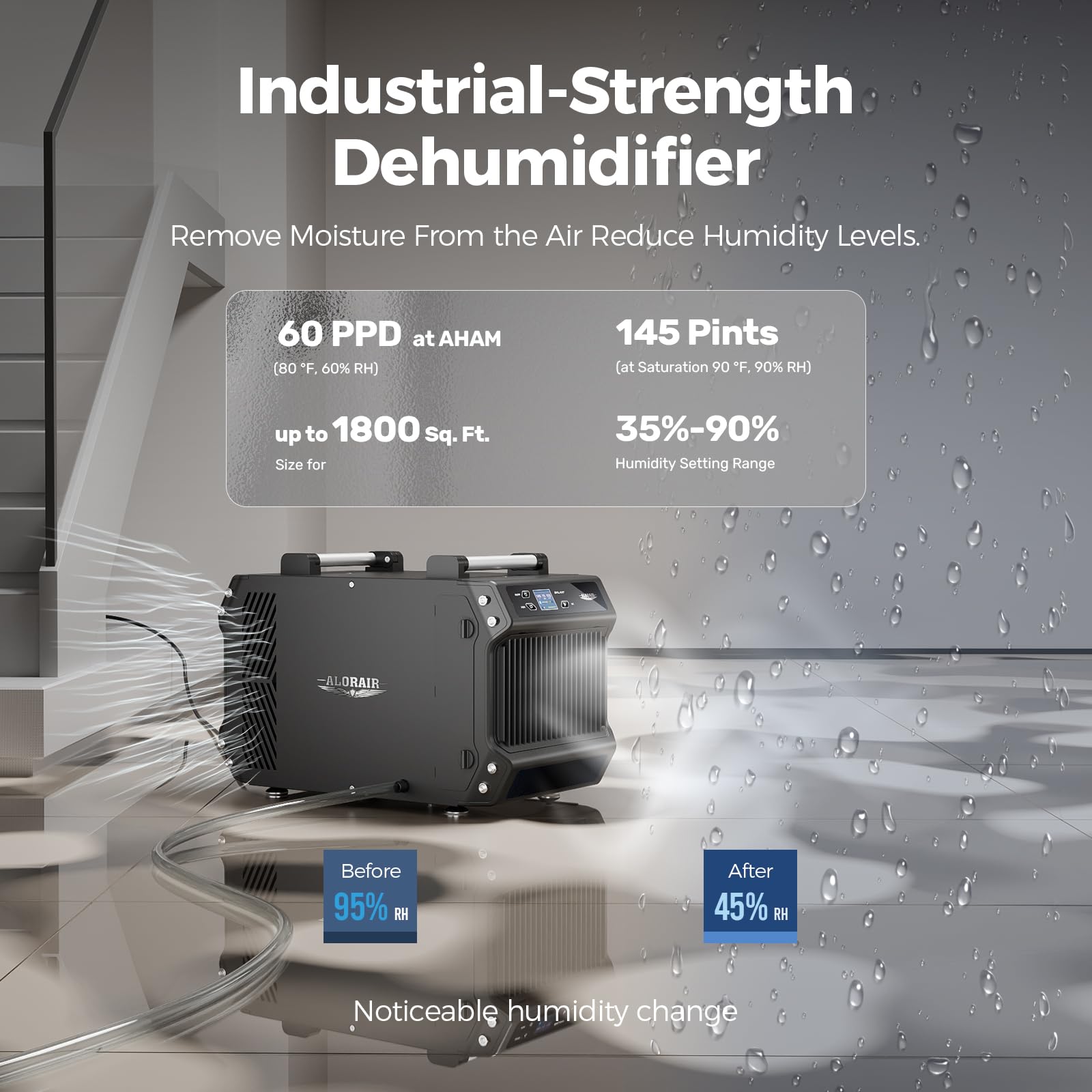 Alorair Crawlspace Dehumidifiers Energy Star, 145 Pint Commercial Dehumidifier For Basements With Drain Hose, 1,800 Sq.Ft Auto D