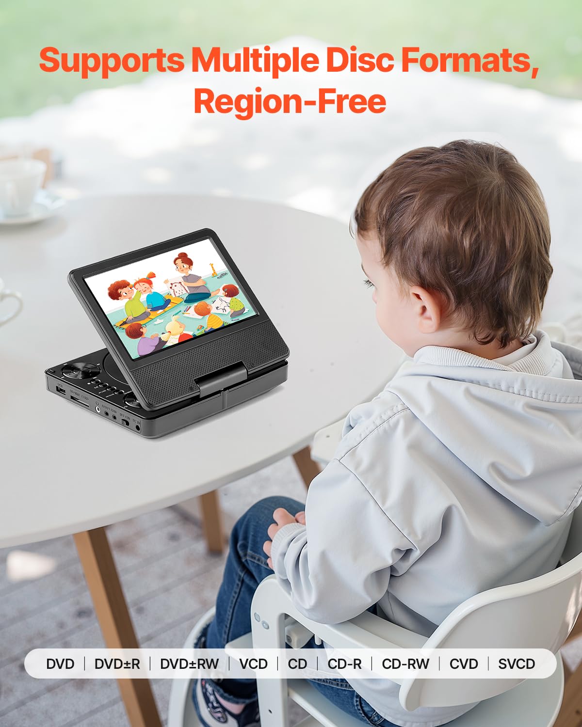 Vevor Portable Dvd Player, 7 Inch Hd Swivel Display Screen, 4 Hours Built-In Rechargeable Battery, Dual Speakers, Support Sync T