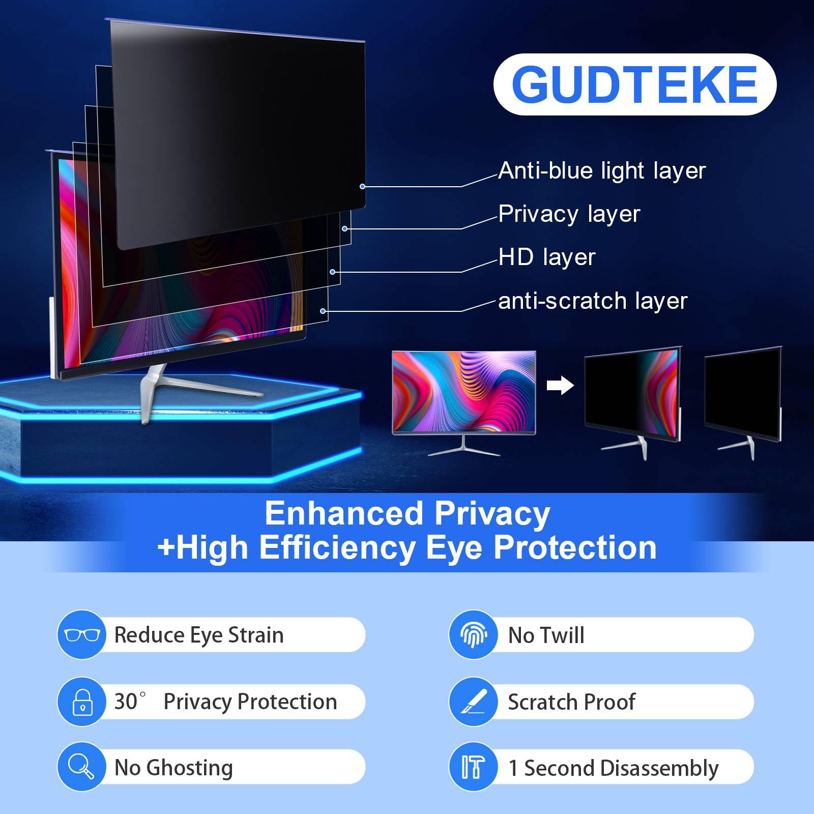 Gudteke Computer Privacy Screen Filter 27'' Hanging Privacy Screen Protector Compatible Widescreen Computer Monitor With Aspect