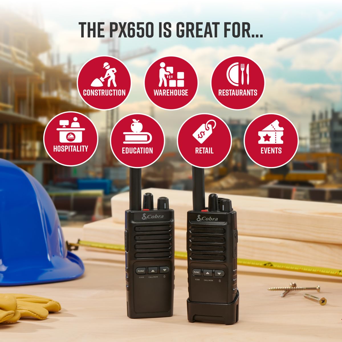 Cobra Px652 Professional Walkie Talkies   Rechargeable, 22 Channels, 300,000 Sq. Ft/25 Floor Range, Dust Protected & Splashproof (Ip54 Rating), Headsets And Chargers Included (2 Pack)