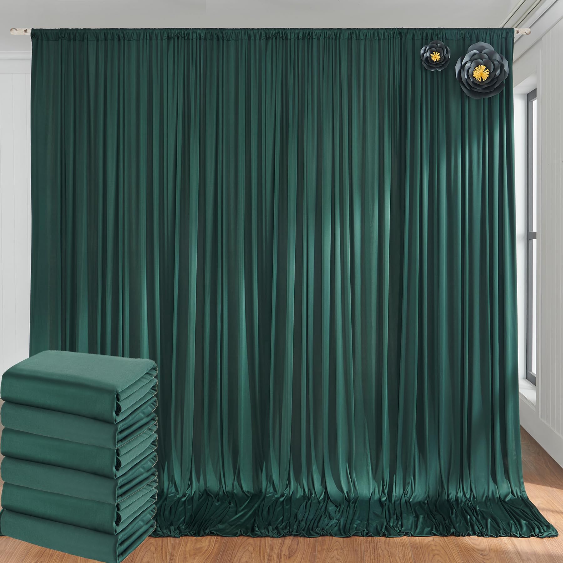 30Ft X 10Ft Wrinkle Free Hunter Green Backdrop Curtains For Parties, 6 Panels 5X10Ft Polyester Green Photo Backdrop Drapes For W