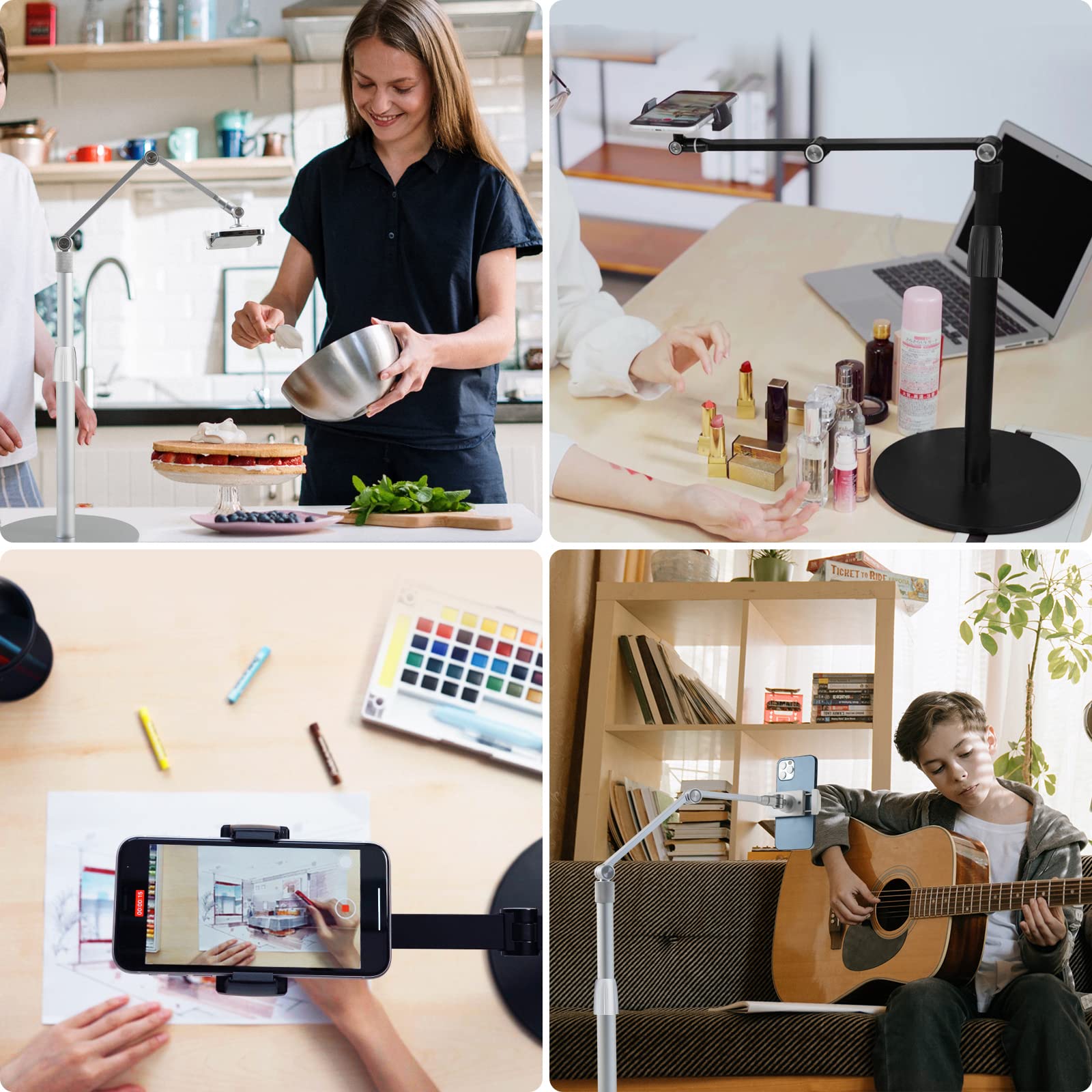 Viozon Tablet Phone Overhead Stand, Height & 360 Degree Angle Adjustable, Aluminum Desktop Stand, Compatible with 3.5 11' Cellphone or Tablet Such as iPhone iPad Pro Air Mini, Samsung, Nexus(AP 4PS)