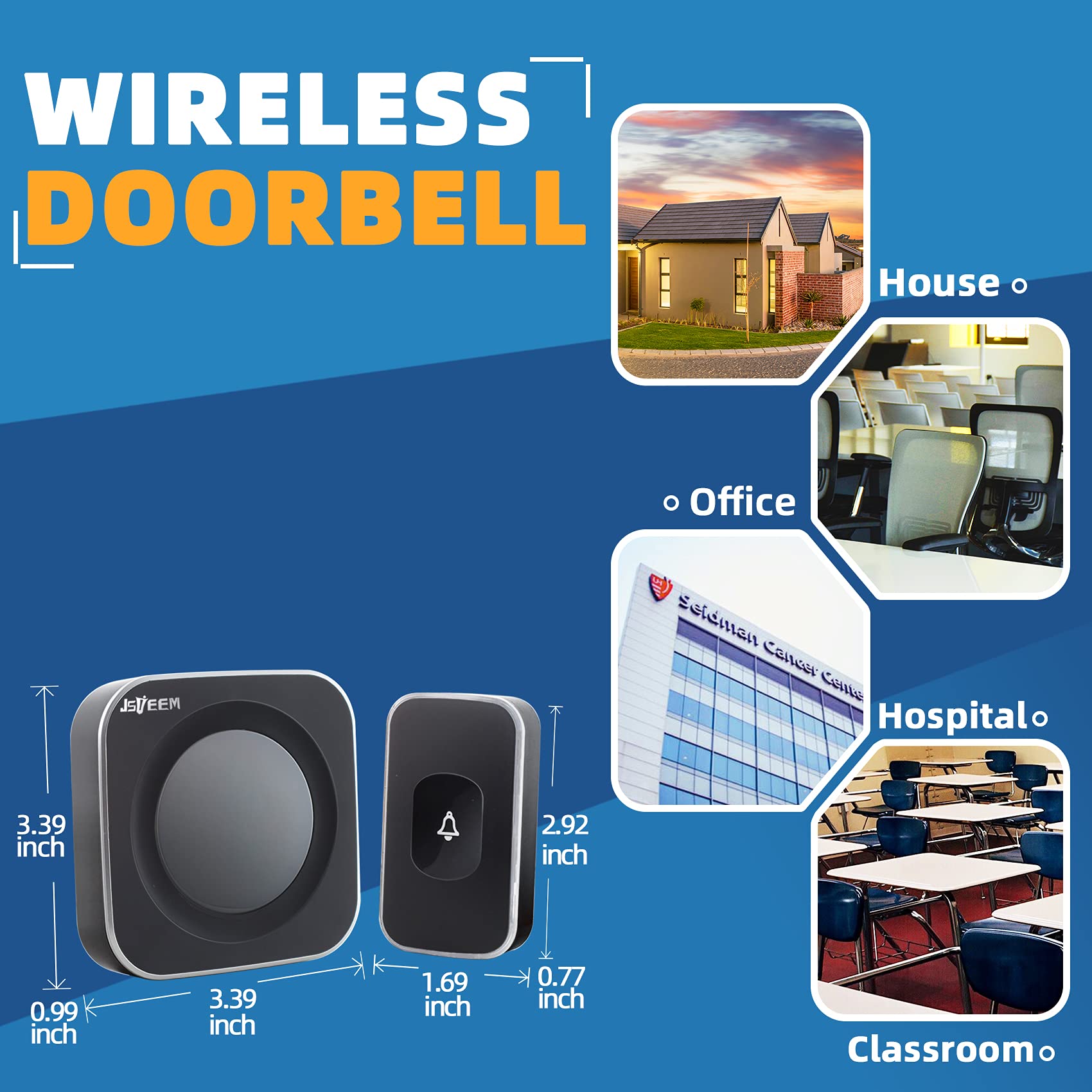 Wireless Doorbell Jsieem 1200 Feet Waterproof Door Bell With 36 Melodies 4 Volume Levels 7 Colour Flash Light,For Home, Office,C