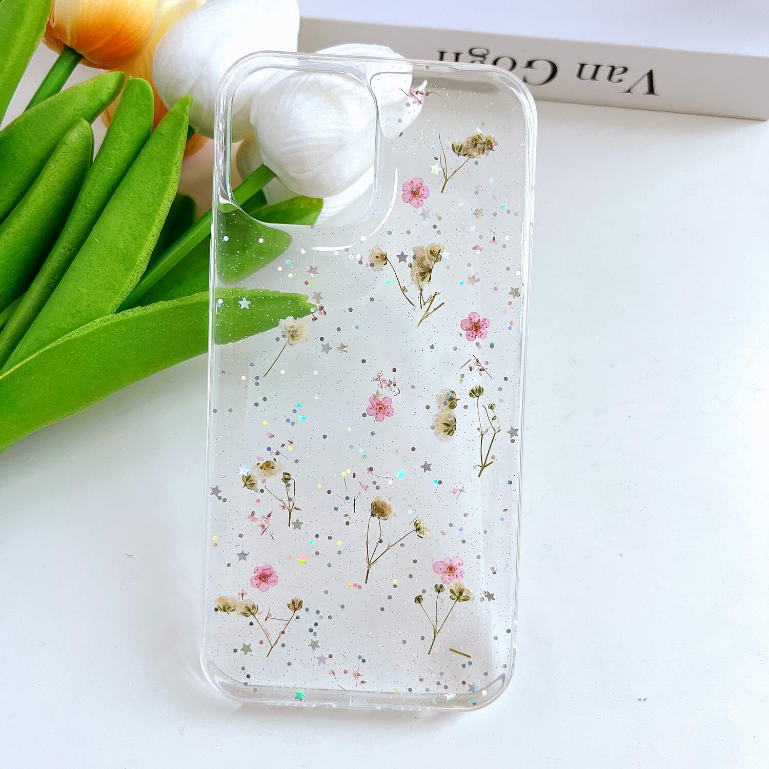 Lseeka For Iphone 12/ Iphone 12 Pro Clear Case With Pressed Real Flowers Design,Glitter Cute Pink Floral Pattern Slim Soft Tpu P