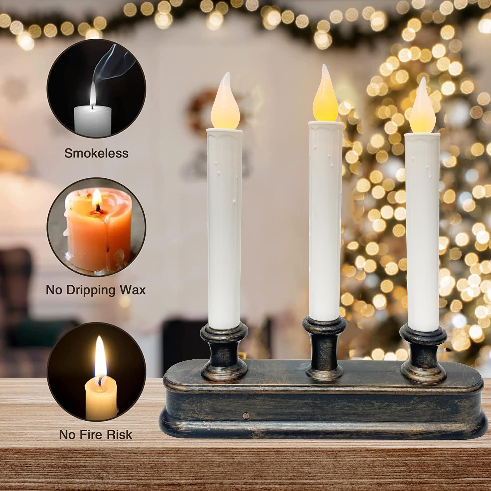 Bokoiuu Christmas Window Candle Lights, 3 Lights Battery Powered Window Candles,Window Candle Flameless Flicker Led Lights With
