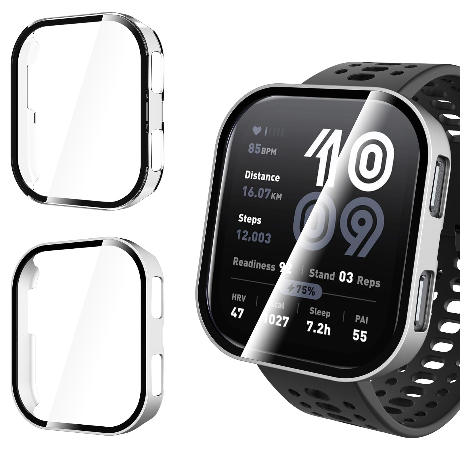 WD&CD 2 Pack Case Compatible for Amazfit Bip 6 Silver+Clear, Hard PC Case with Tempered Glass Screen Protector Compatible with A